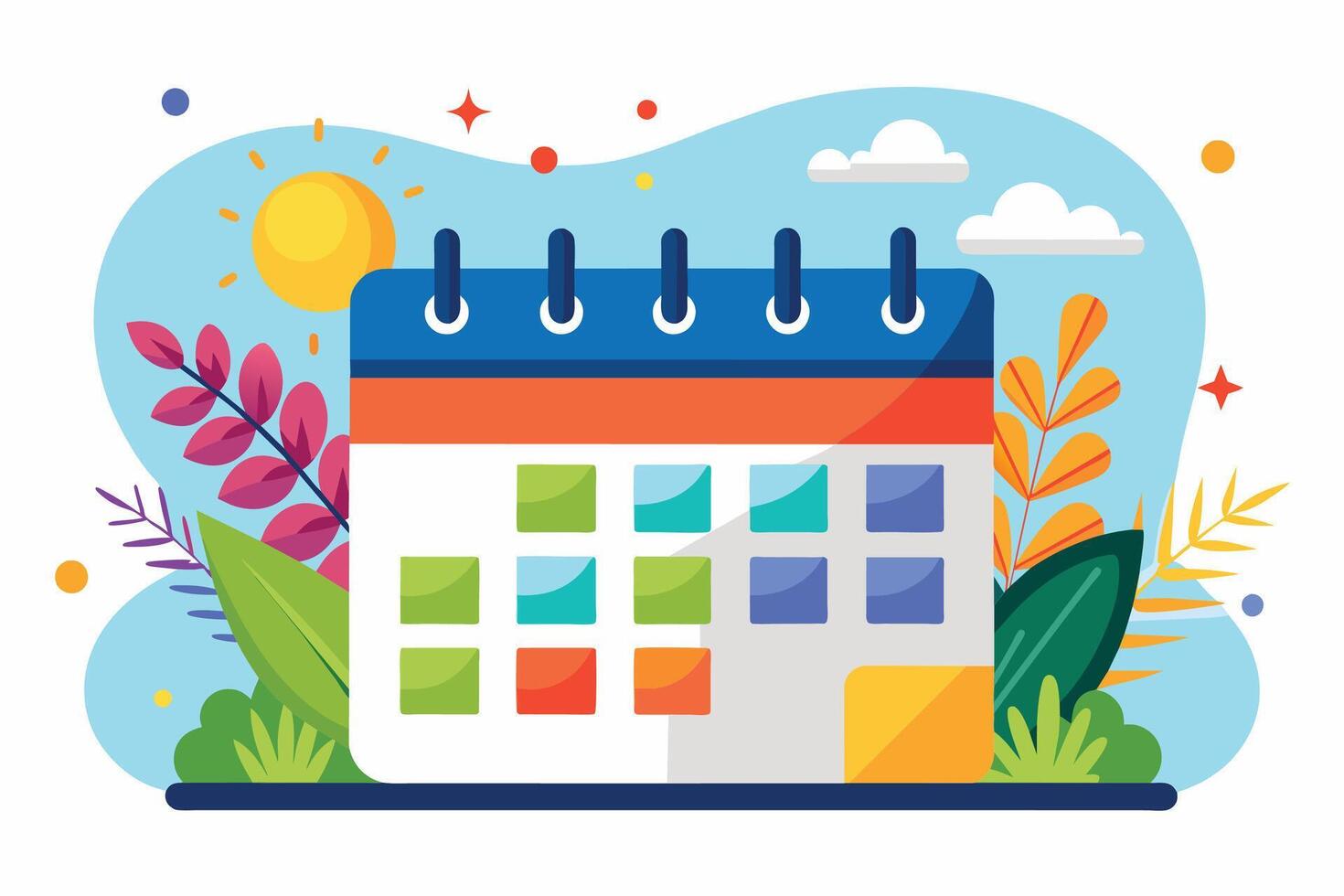 A colorful illustration of a calendar with a bright sun shining in the background and leaves on either side. vector