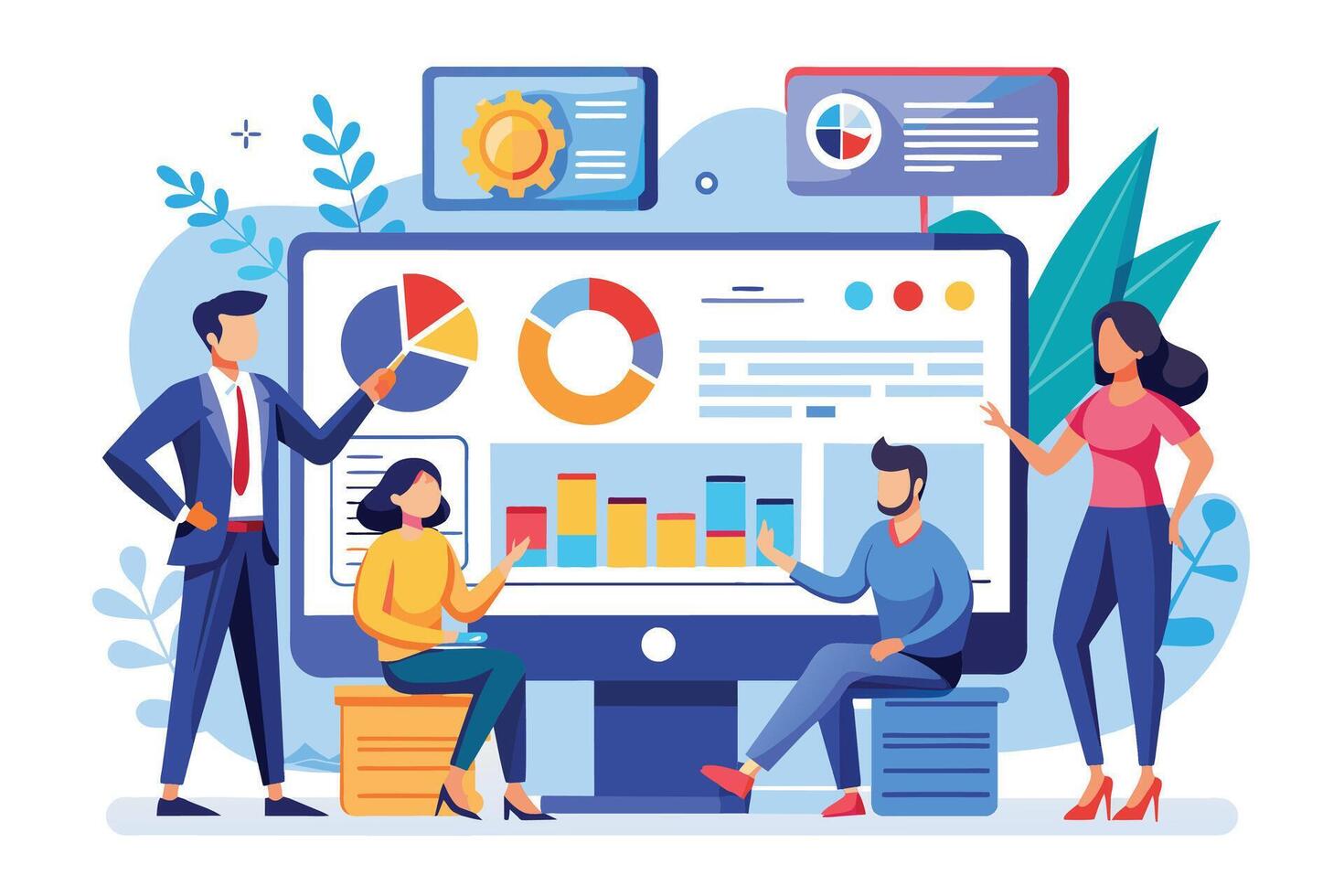 Four diverse business people gathered around a large computer screen, analyzing charts and graphs, discussing data and insights. vector