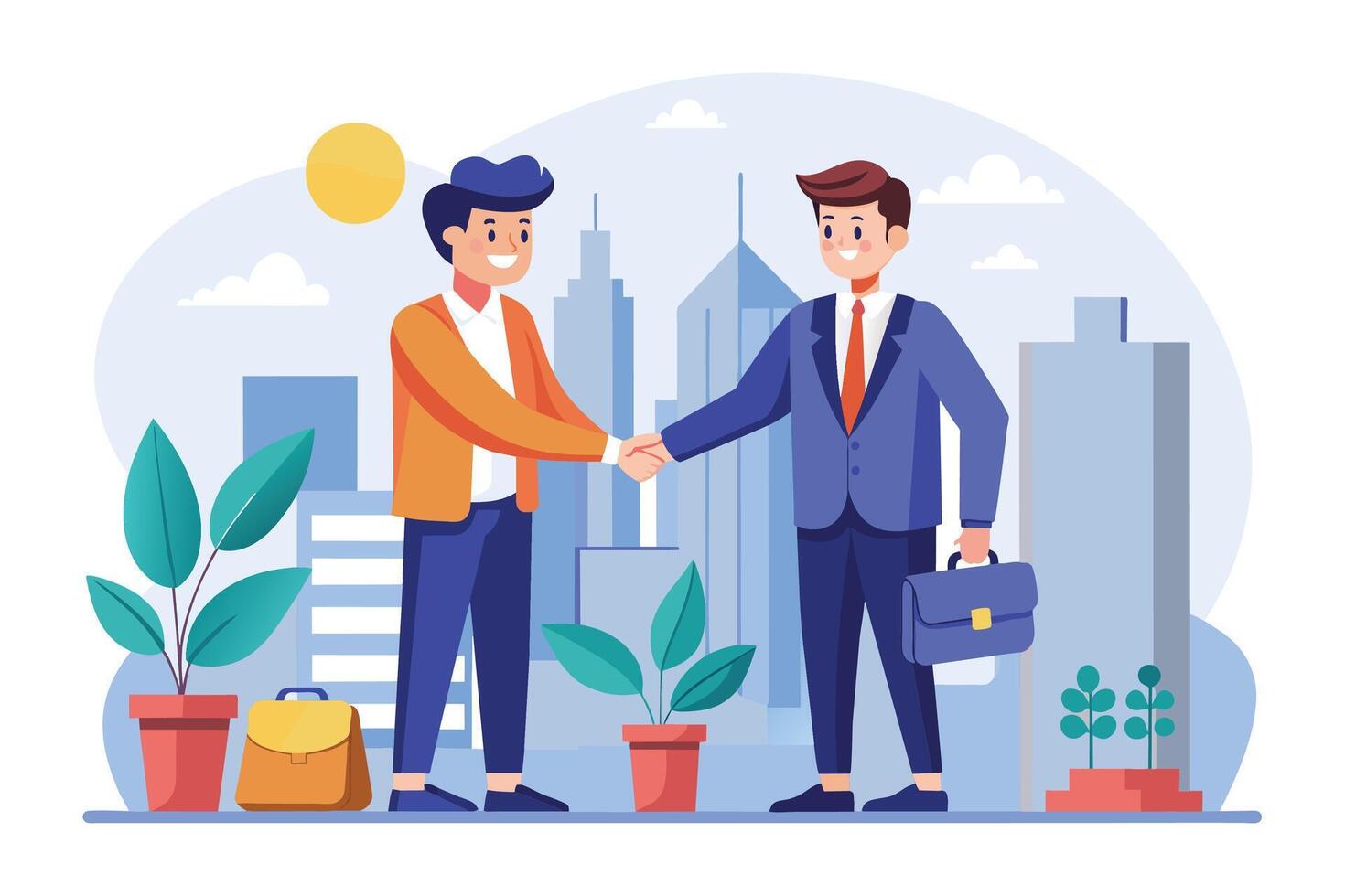 Two men in suits shake hands, smiling, in front of a cityscape. They are standing in a park with potted plants. vector