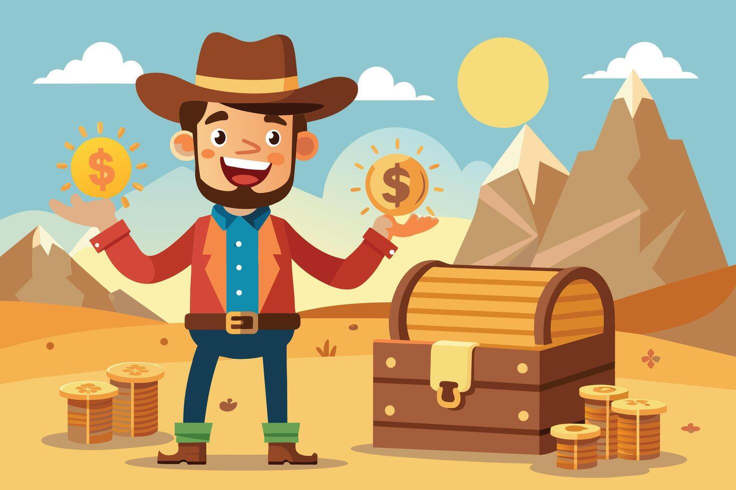 A cartoon cowboy stands in a desert landscape, holding two gold coins with dollar signs on them. There is a wooden treasure chest beside him, with gold coins stacked around it. vector