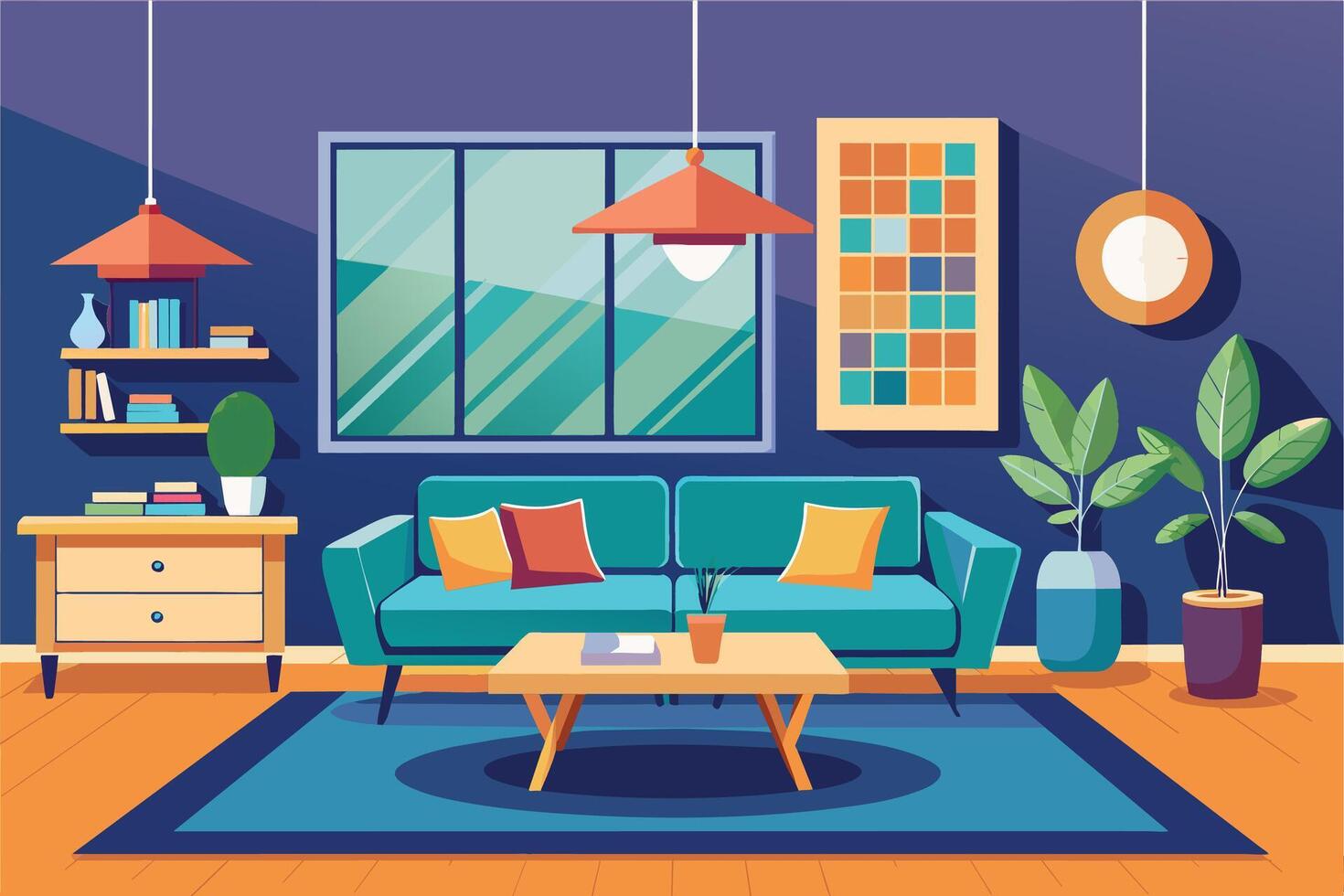 An illustration of a modern living room interior featuring a teal sofa, colorful throw pillows, a coffee table, plants, and a window. vector