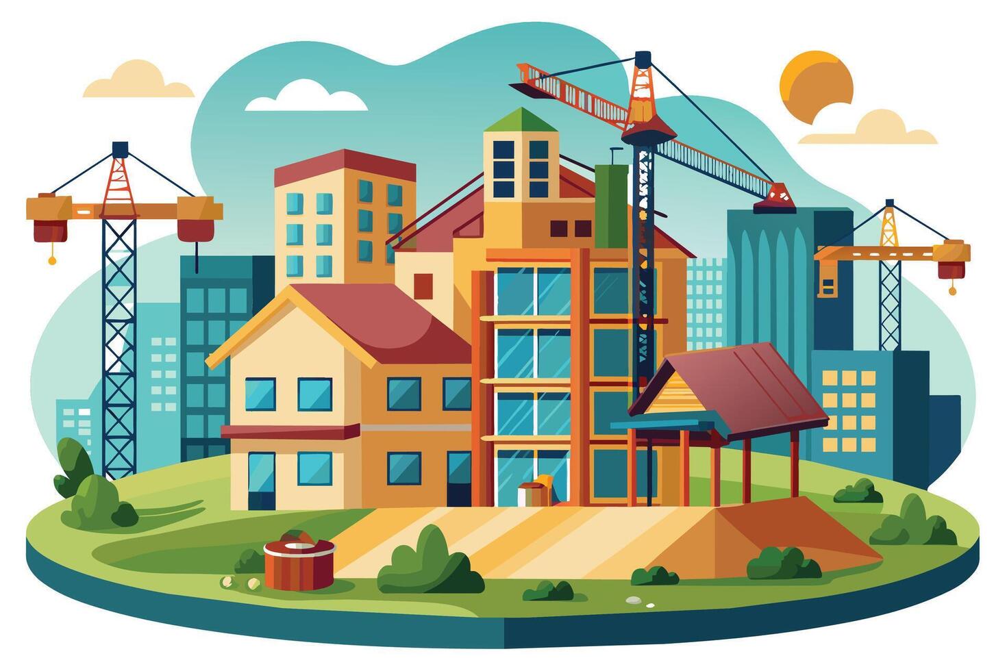A colorful illustration depicting a bustling city construction scene with cranes and new buildings under a sunny sky. vector