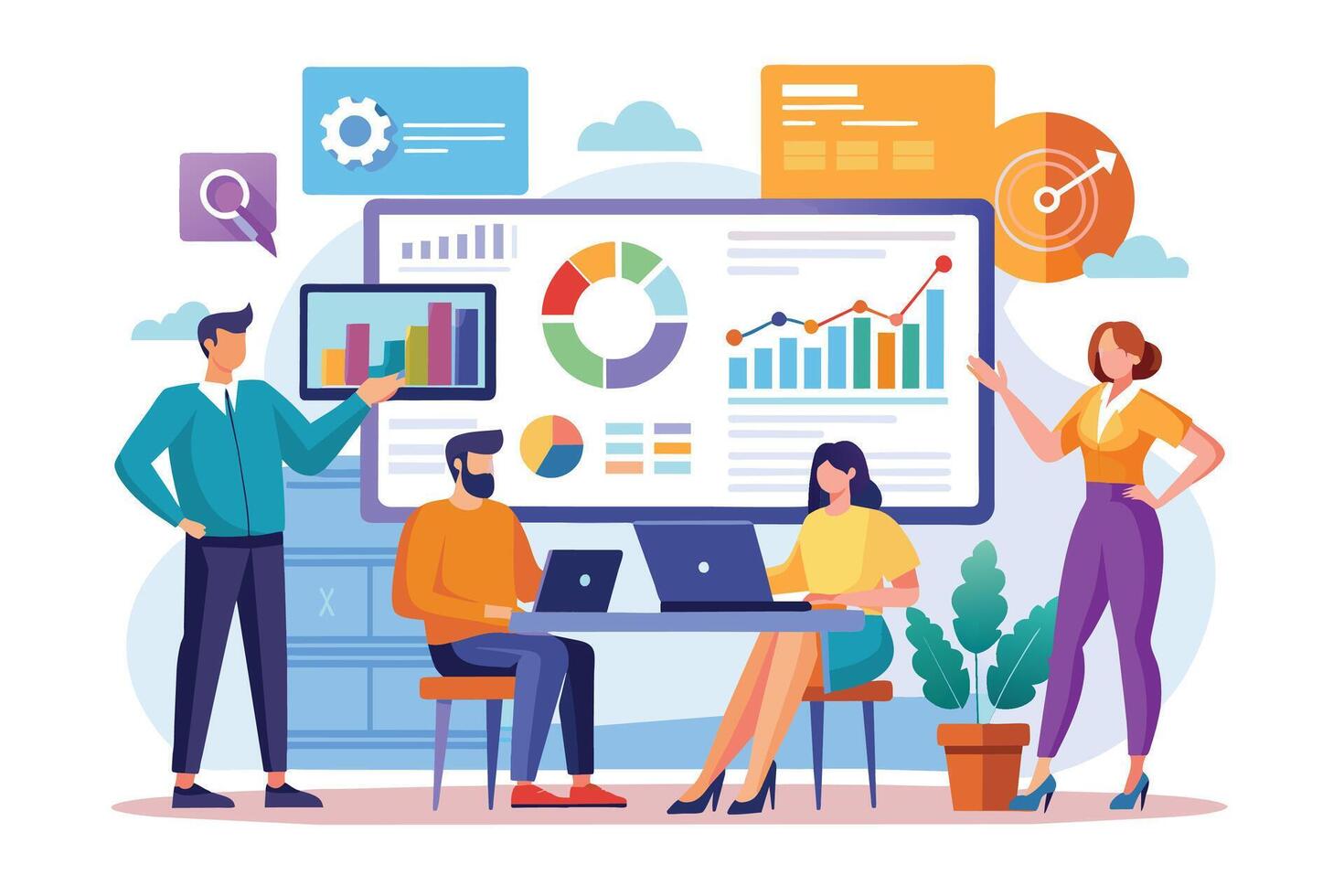 A team of four business professionals analyze data charts and graphs displayed on a large screen during a presentation. vector