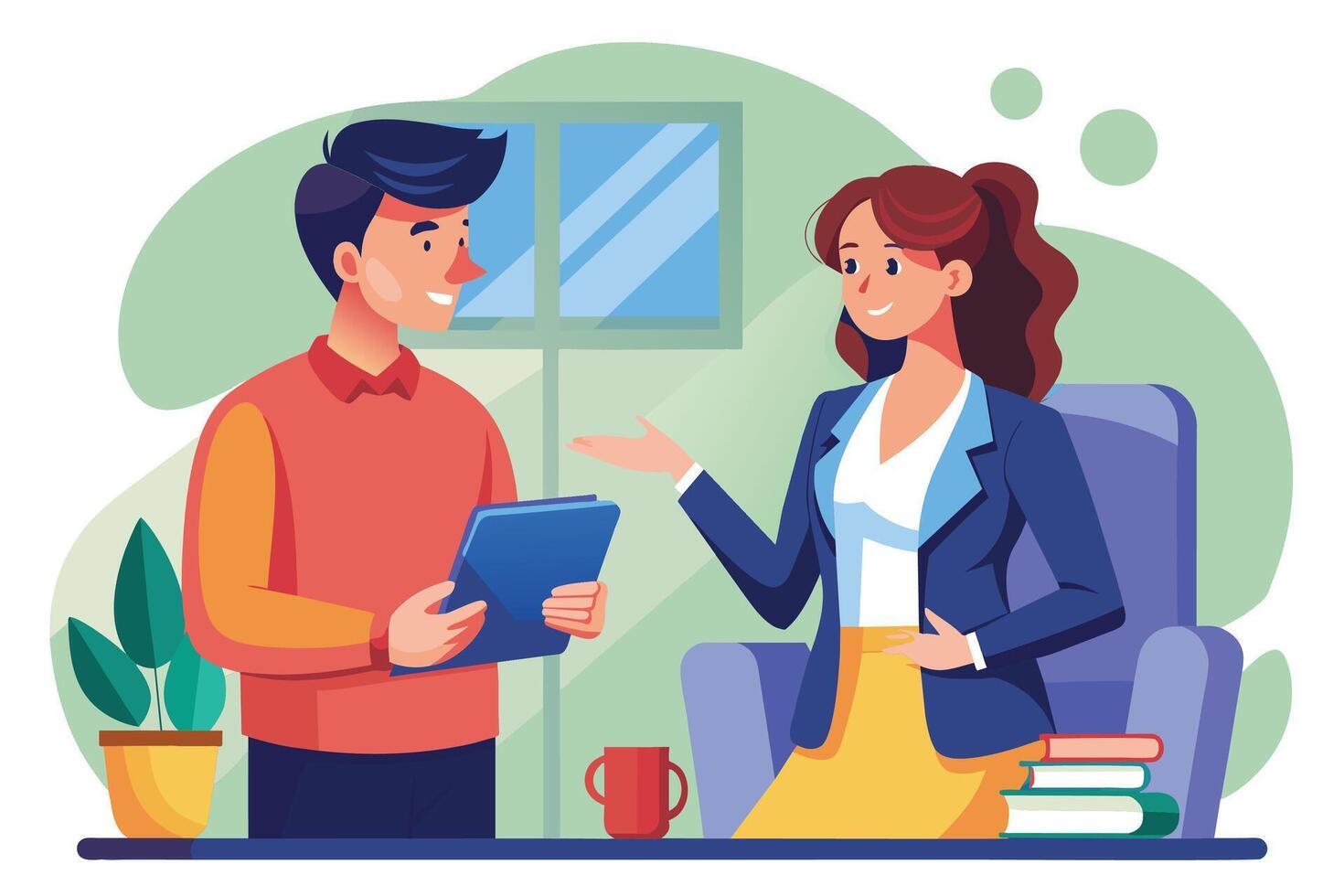 A man is standing and holding a tablet, talking to a woman who is sitting in a chair. They are both smiling and appear to be having a pleasant conversation. vector