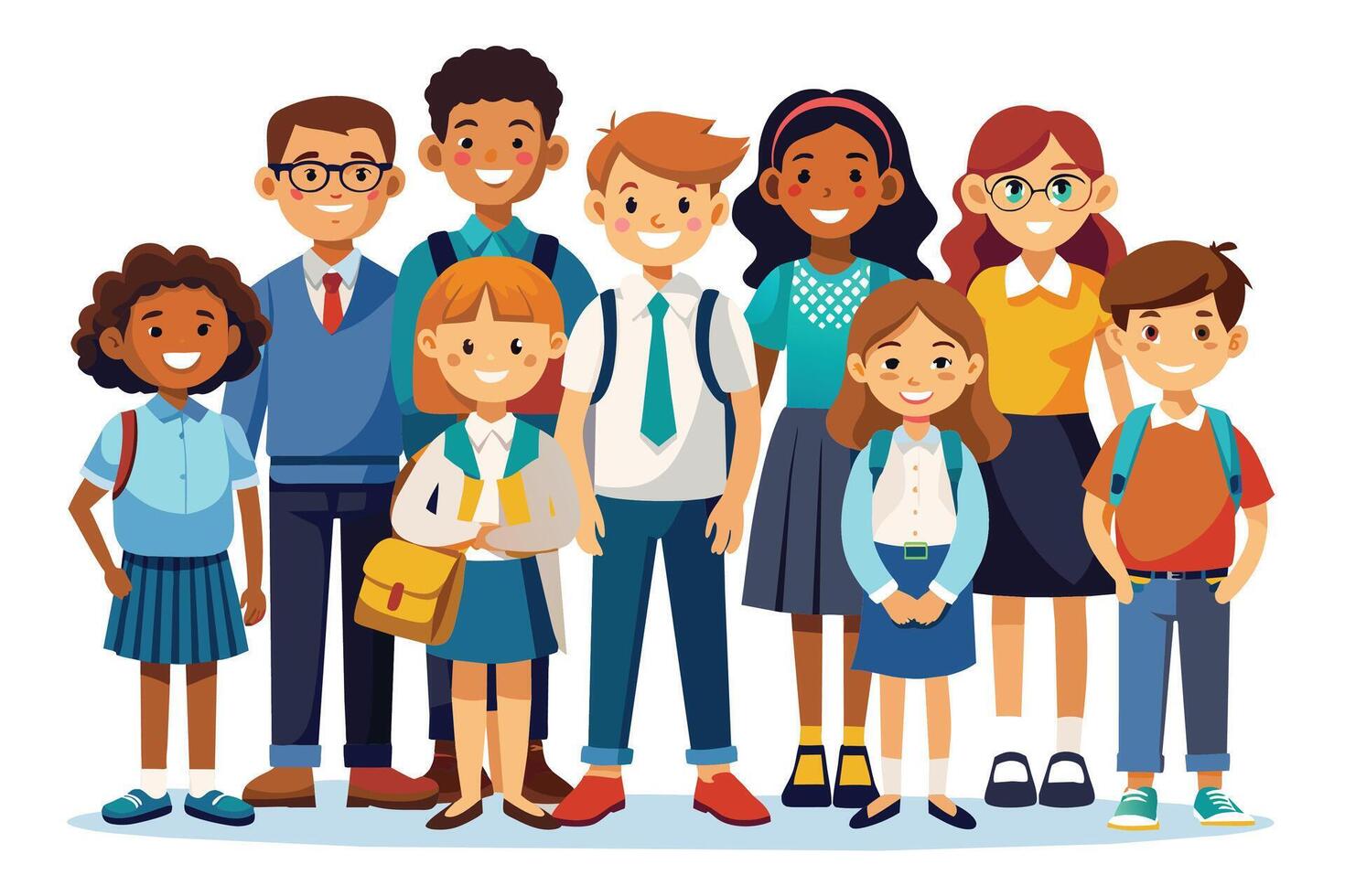Diverse children in school uniforms, both male and female, stand together in a row, smiling. They are friends and classmates, showcasing inclusivity. vector