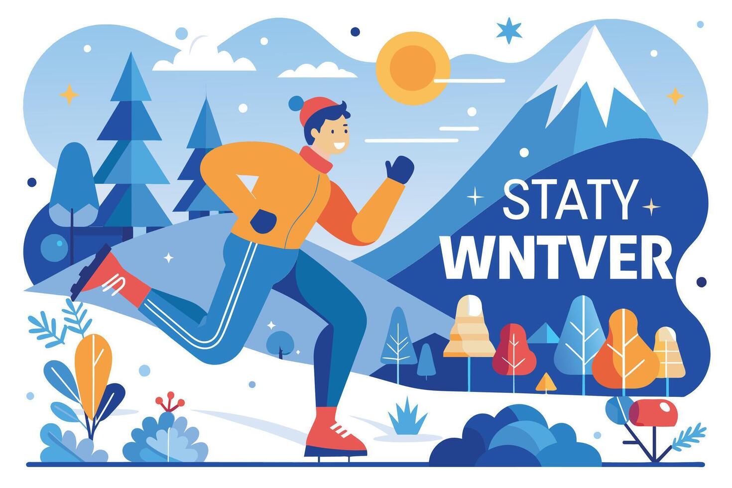 A man in a winter outfit ice skates across a snowy landscape with pine trees and a mountain in the background. The sun shines brightly above. vector