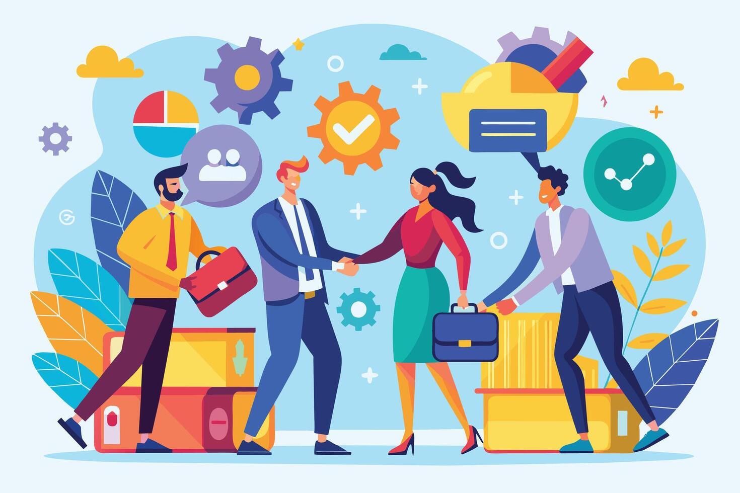 A diverse business team collaborates on a project, shaking hands and sharing ideas toward a common goal. Background features symbols of success. vector