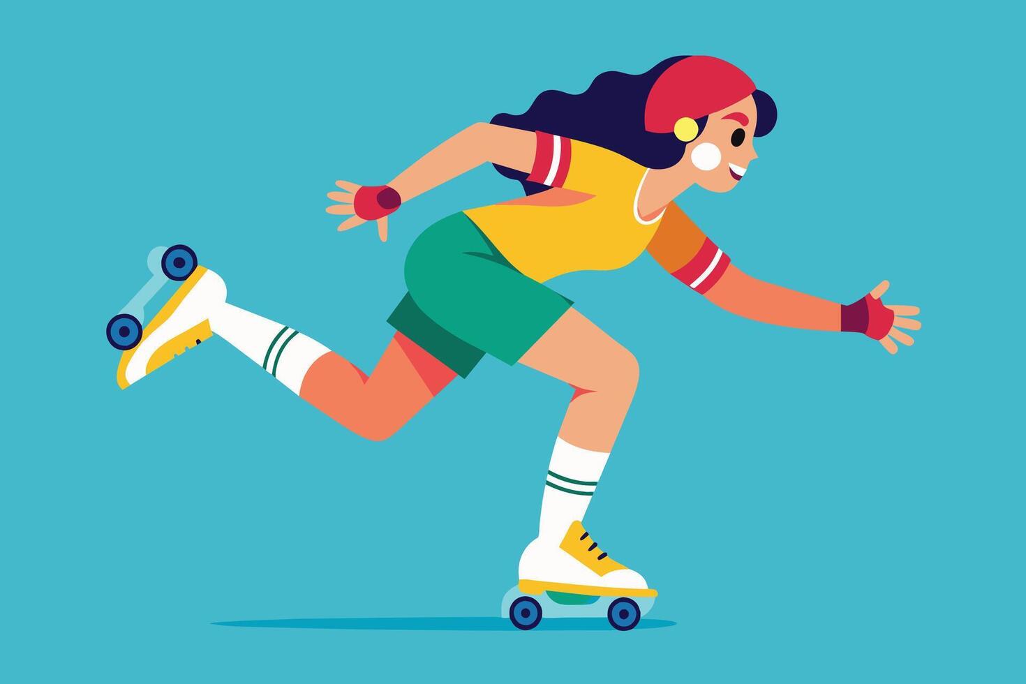 A cartoon illustration of a young woman roller skating outdoors on a sunny day. She is wearing colorful clothes and roller skates and is smiling. vector