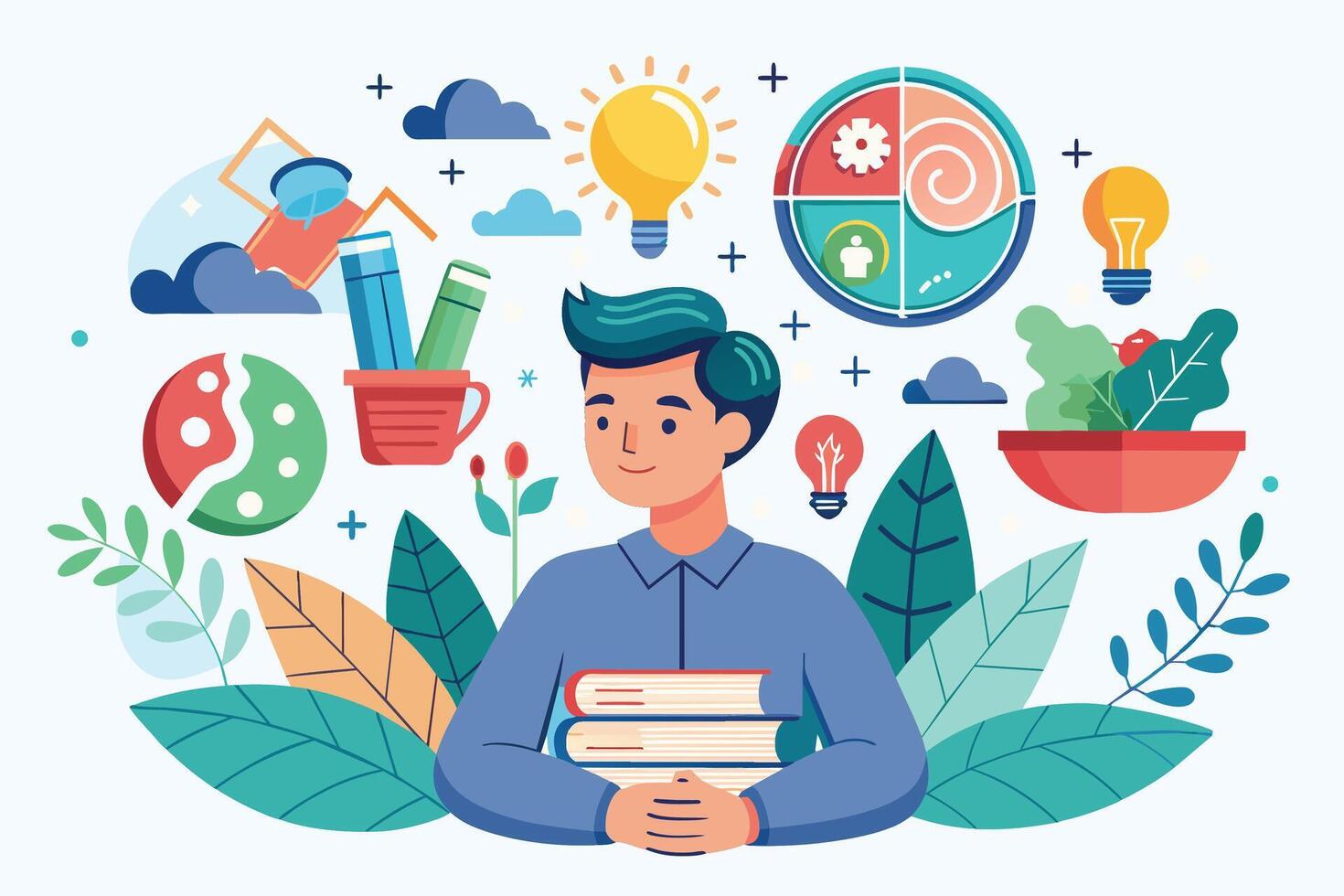 A smiling student holds a stack of books, surrounded by symbols of learning, creativity, and well-being, including lightbulbs, a balanced meal, and plants. vector