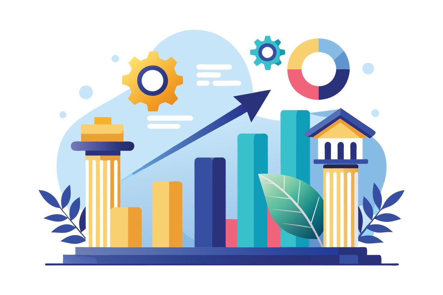 Illustration of financial growth with upward trend arrow and bar chart, also featuring pillars and pie chart. vector