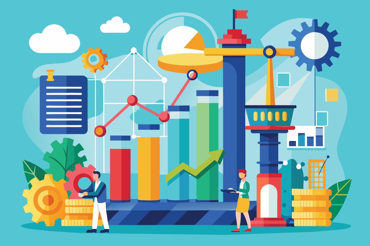 Illustration shows business growth strategy using data analysis. vector