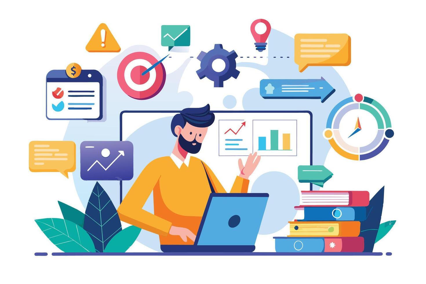 Illustration of a man on a laptop with business data and charts on screen, surrounded by icons of target, progress, and ideas. vector