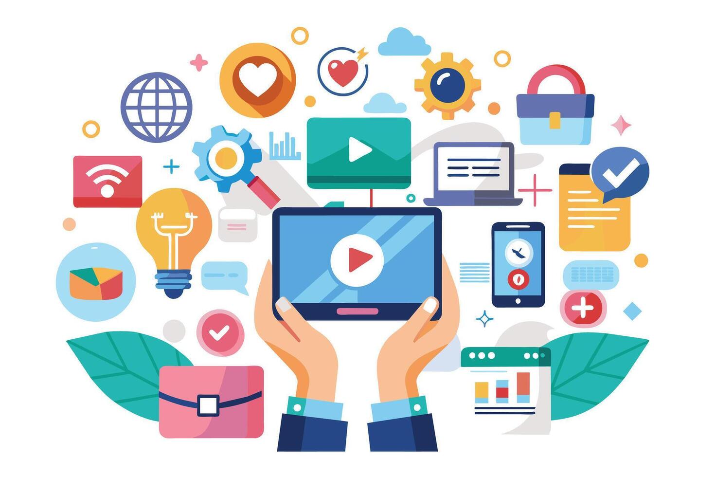 Illustration featuring a tablet held in hands, surrounded by various icons representing digital marketing strategies. vector