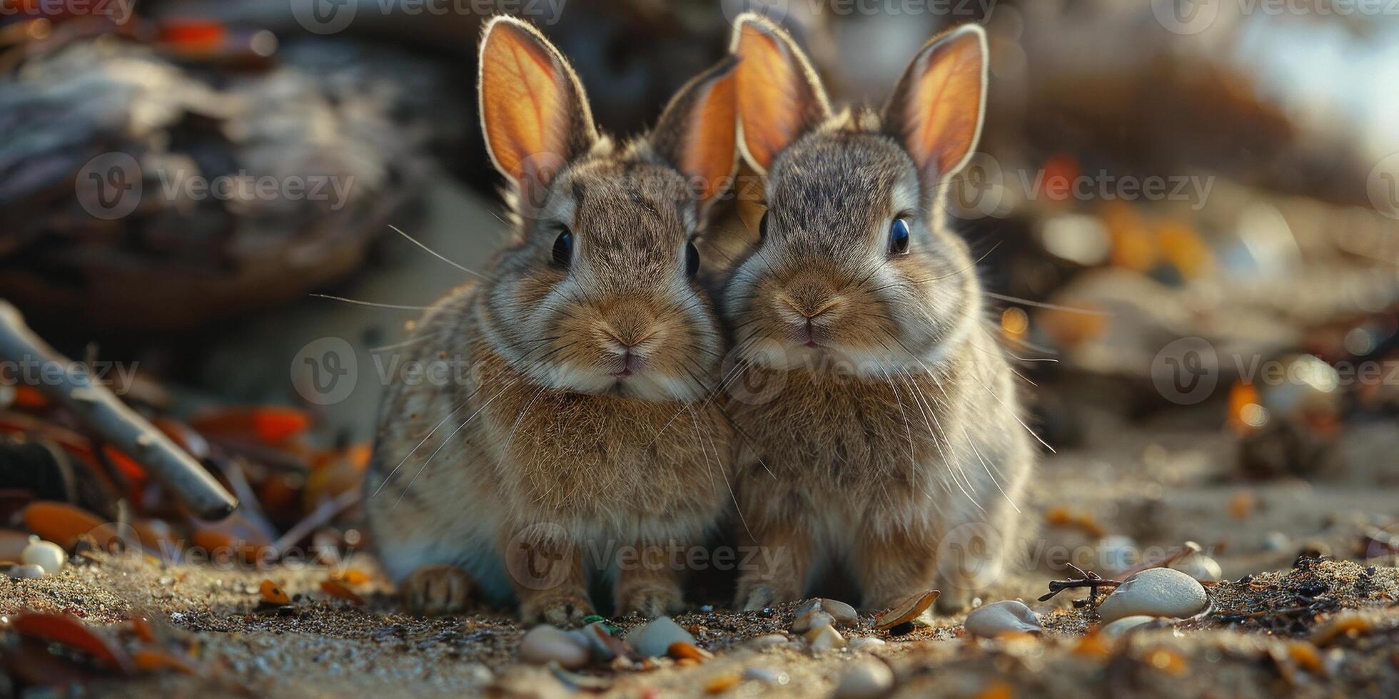 Two small rabbits are quietly seated side by side on the earth photo