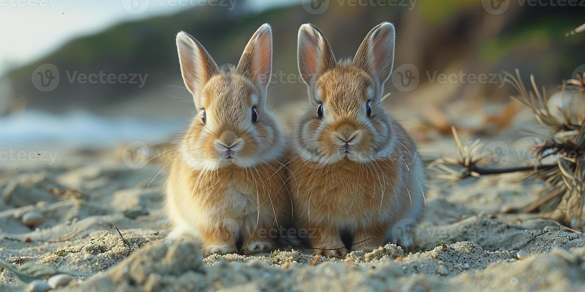 Two cute small brown rabbits are relaxing on a sandy beach photo