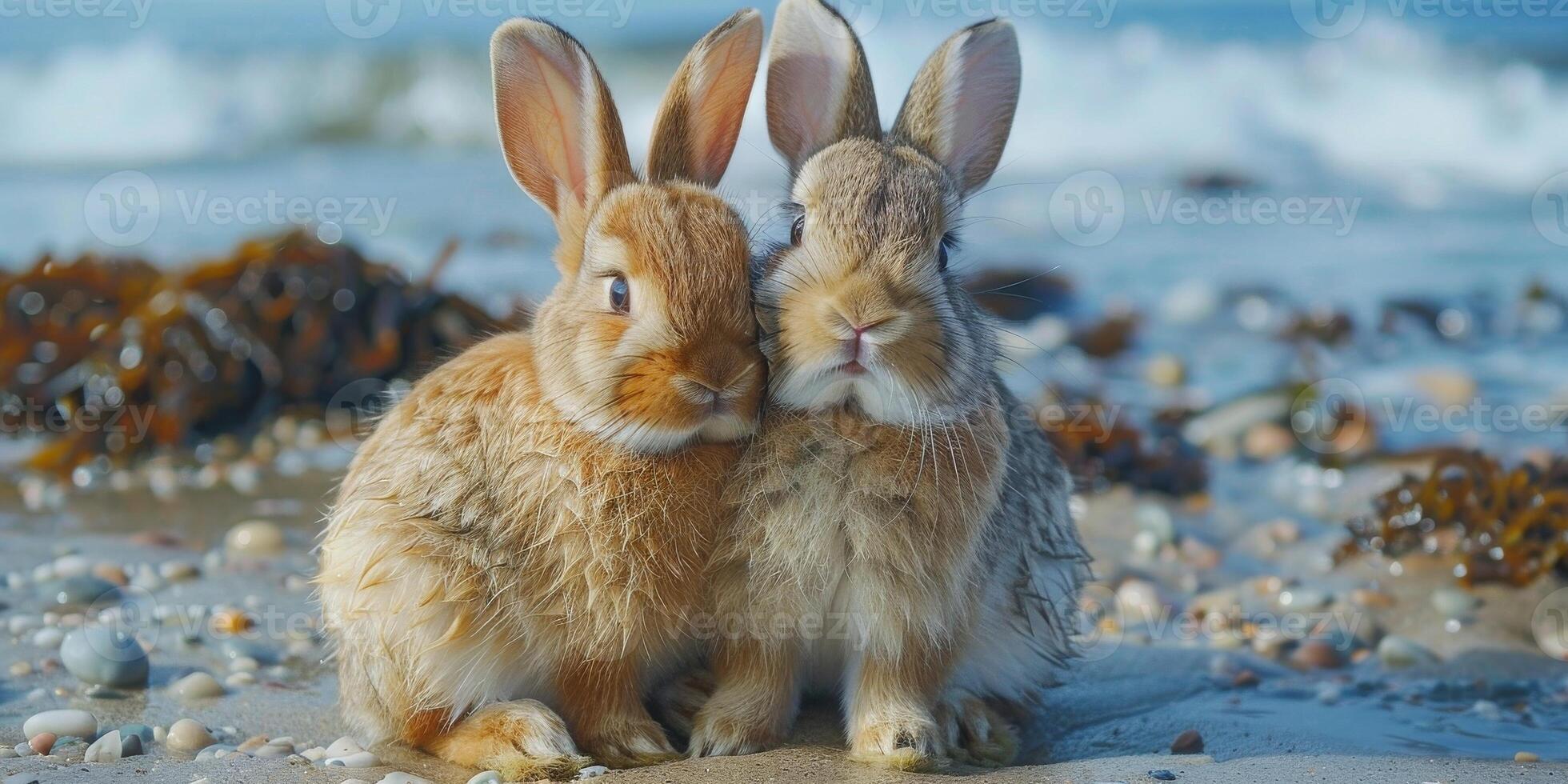 Two rabbits are relaxing on a sandy beach by the sea under the sun photo