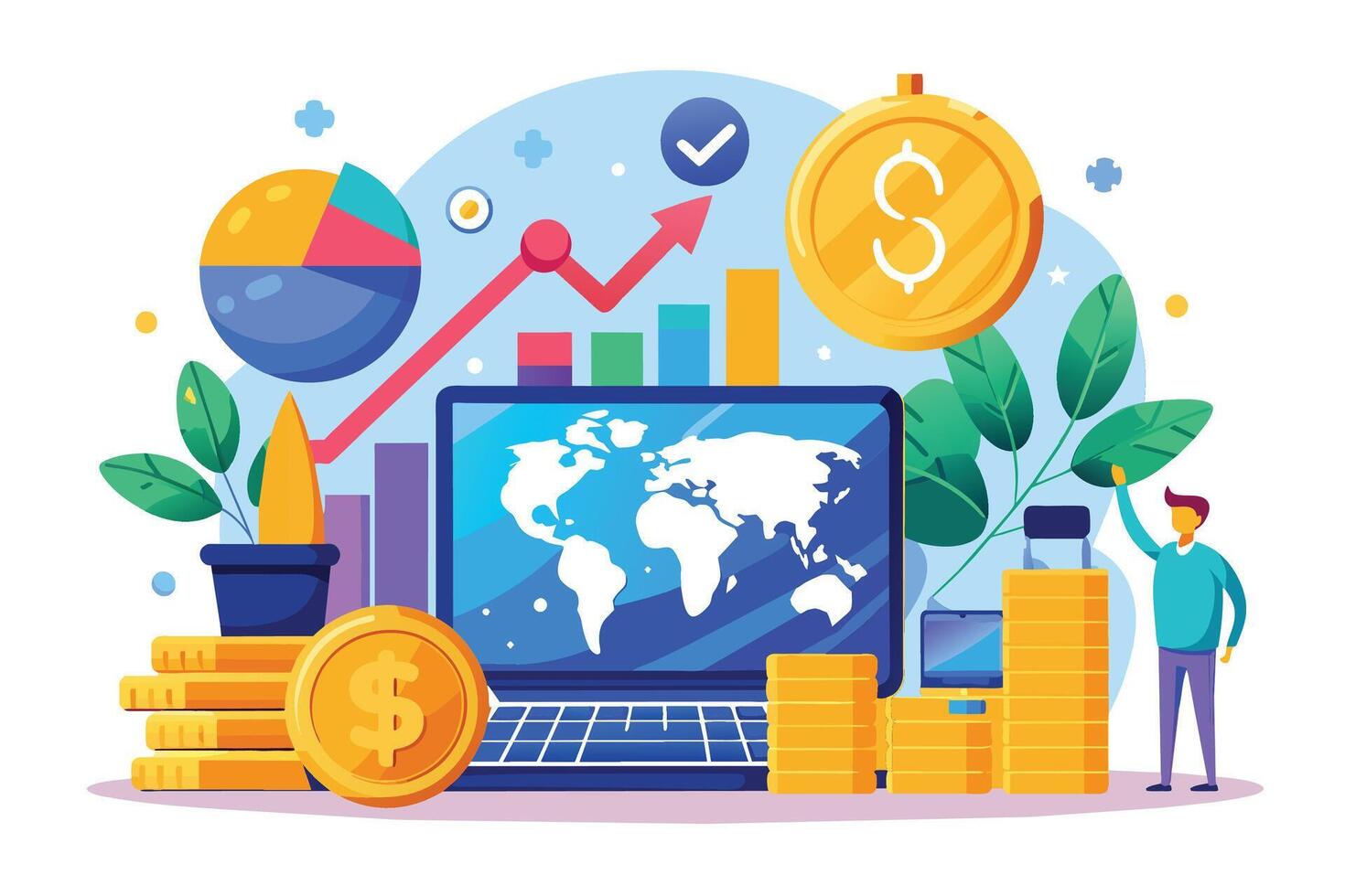 A colorful illustration depicting global business growth and financial success with a laptop, charts, and a man standing on a pile of coins. vector