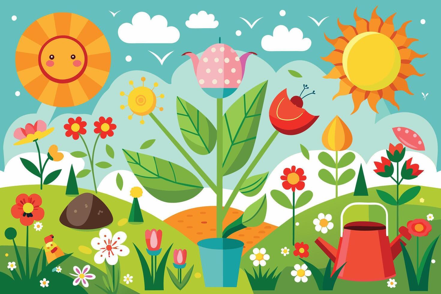 A cheerful illustration of a garden full of colorful flowers, a smiling sun, and a watering can. vector