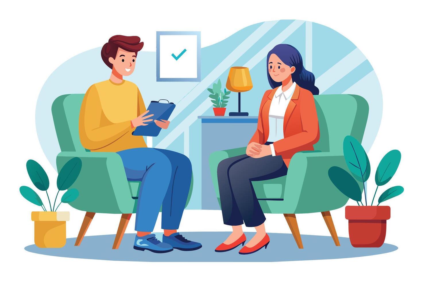 An illustration depicts a man interviewing a woman. The man is seated in a green armchair and holding a clipboard, while the woman is seated in a similar chair and listening intently. vector