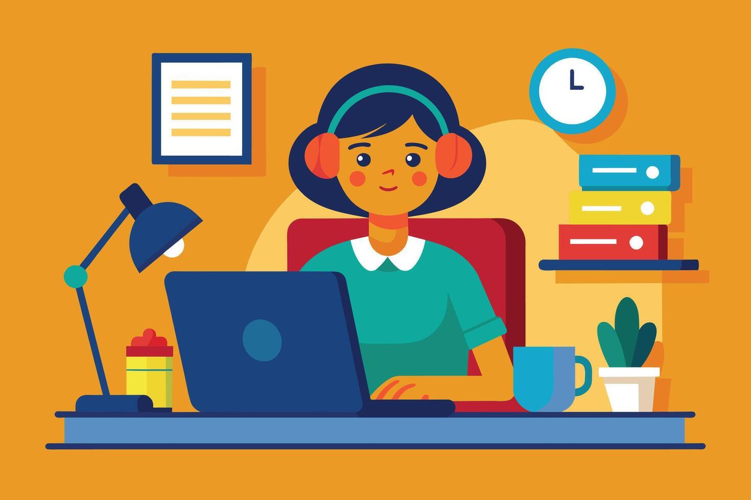 A woman sits at her desk, working on her laptop. She is wearing headphones and has a cup of coffee on her desk. The office is bright and cheerful, with a desk lamp and a plant. vector