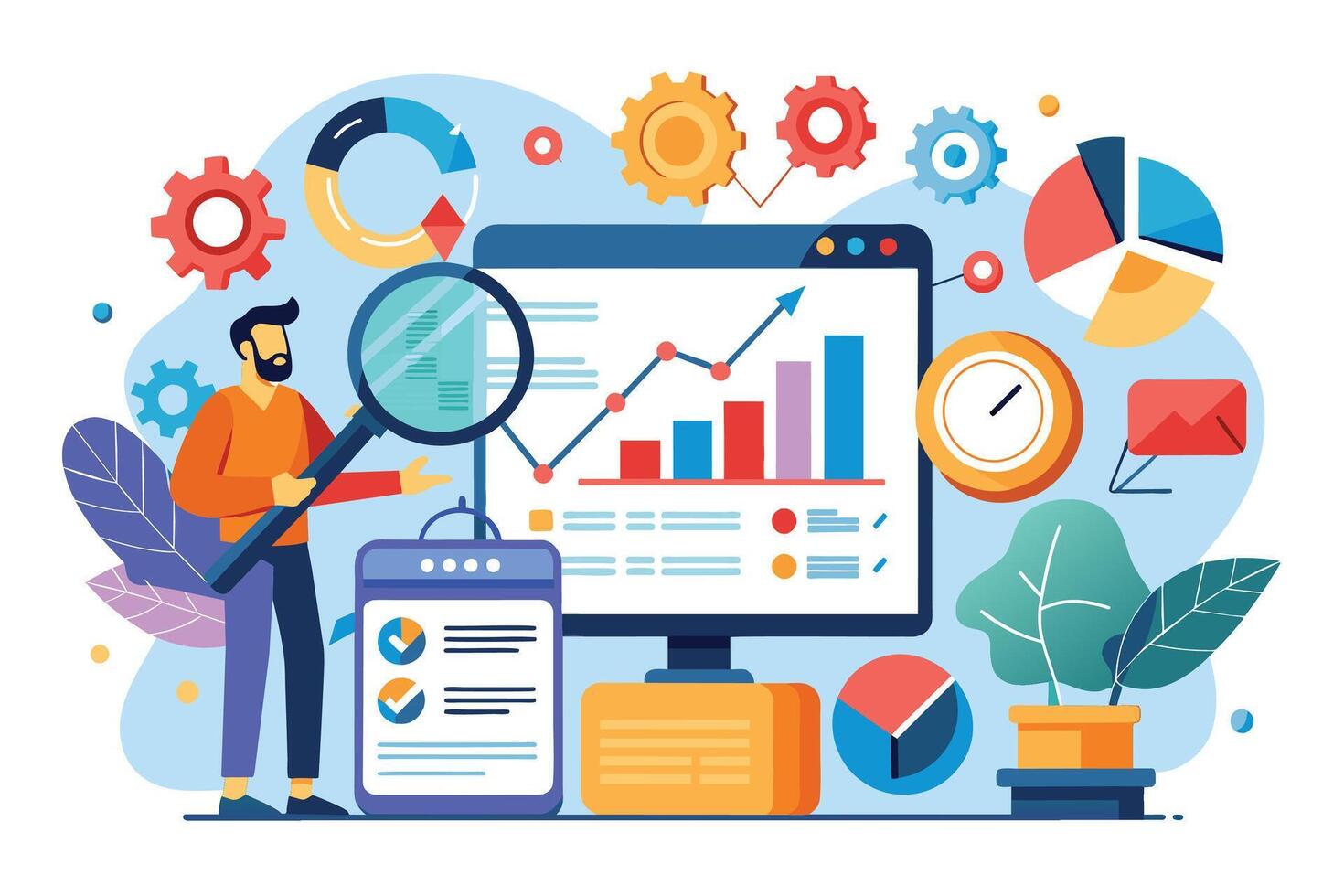 An illustration of a man analyzing data on a computer screen with a magnifying glass, surrounded by charts, graphs, and other business-related icons. vector