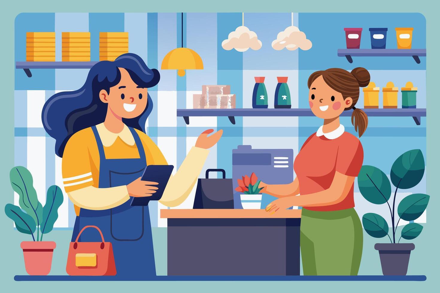 A cheerful woman stands at a checkout counter in a small store, purchasing a potted plant from a smiling shopkeeper who holds a tablet in her hand. vector