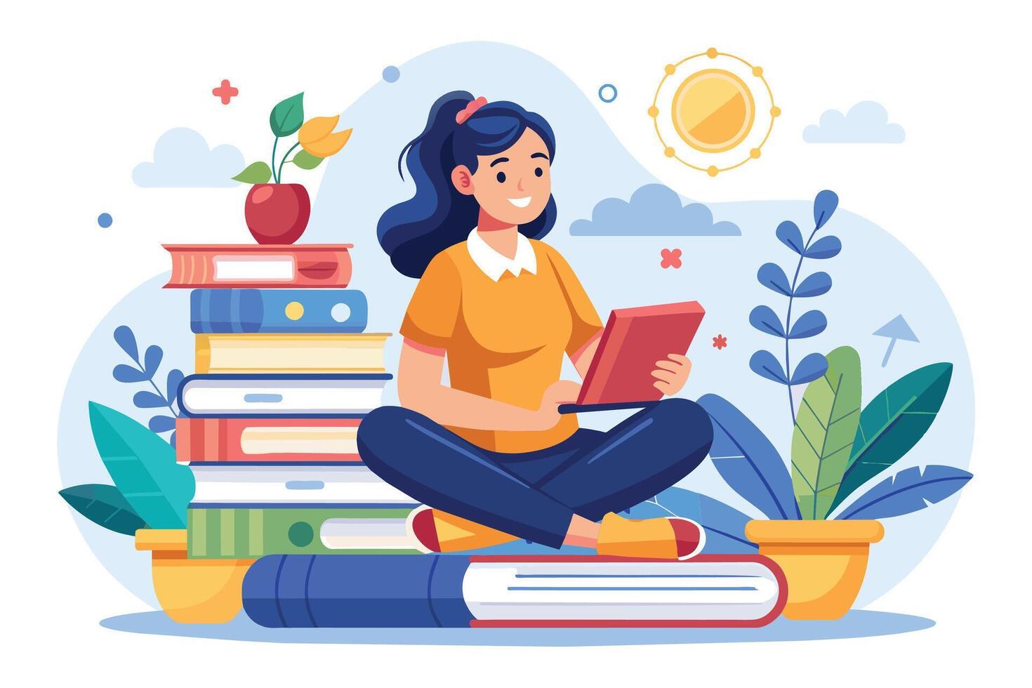 An illustration of a young woman sitting cross-legged on a large stack of books, reading a red book. The sun shines brightly above her. vector