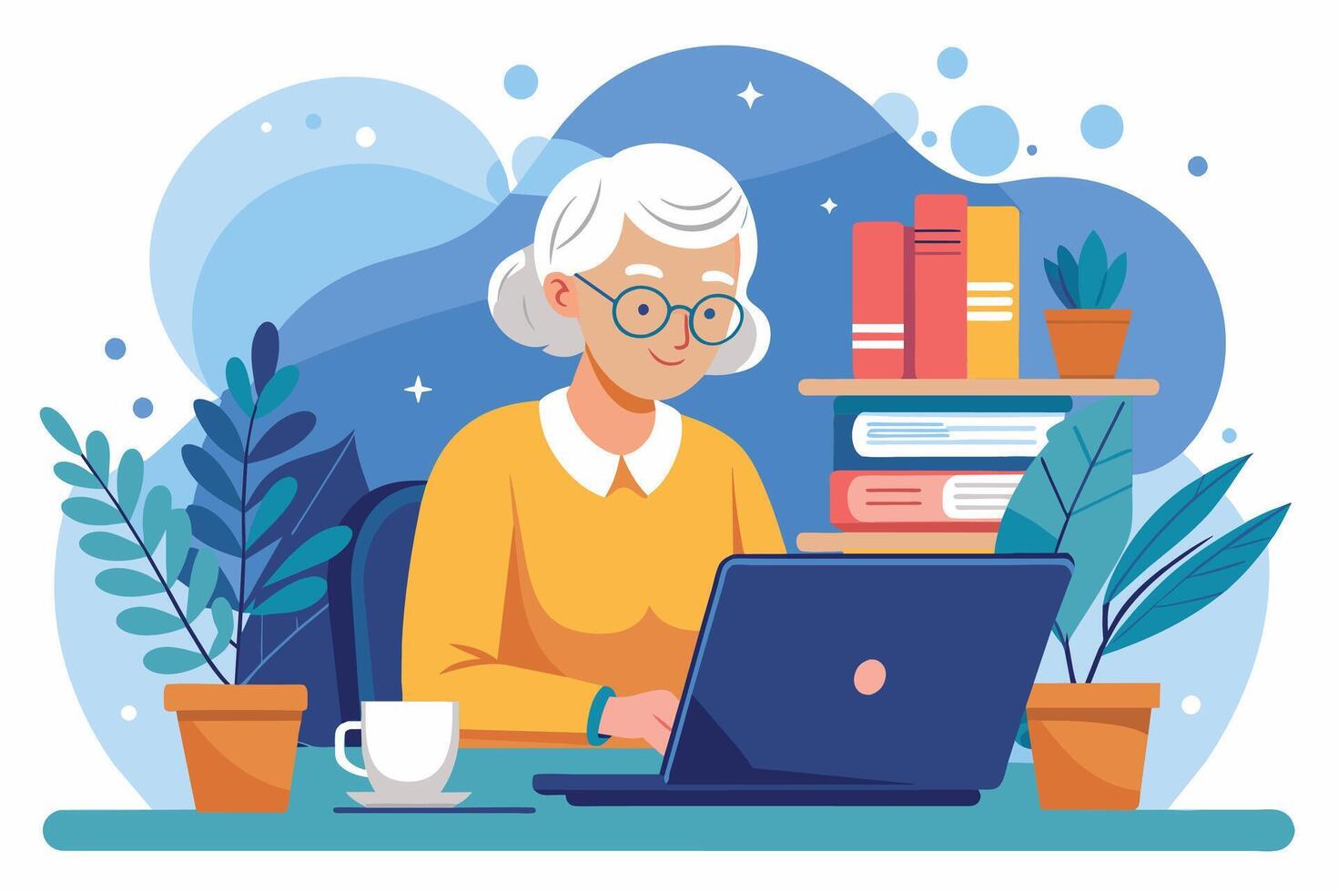 Illustration of a senior woman working on a laptop at her home office, with books and plants on a shelf in the background. vector