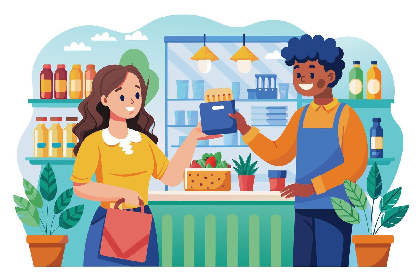 A woman smiles as she hands a cashier her credit card, purchasing groceries at a local market. vector