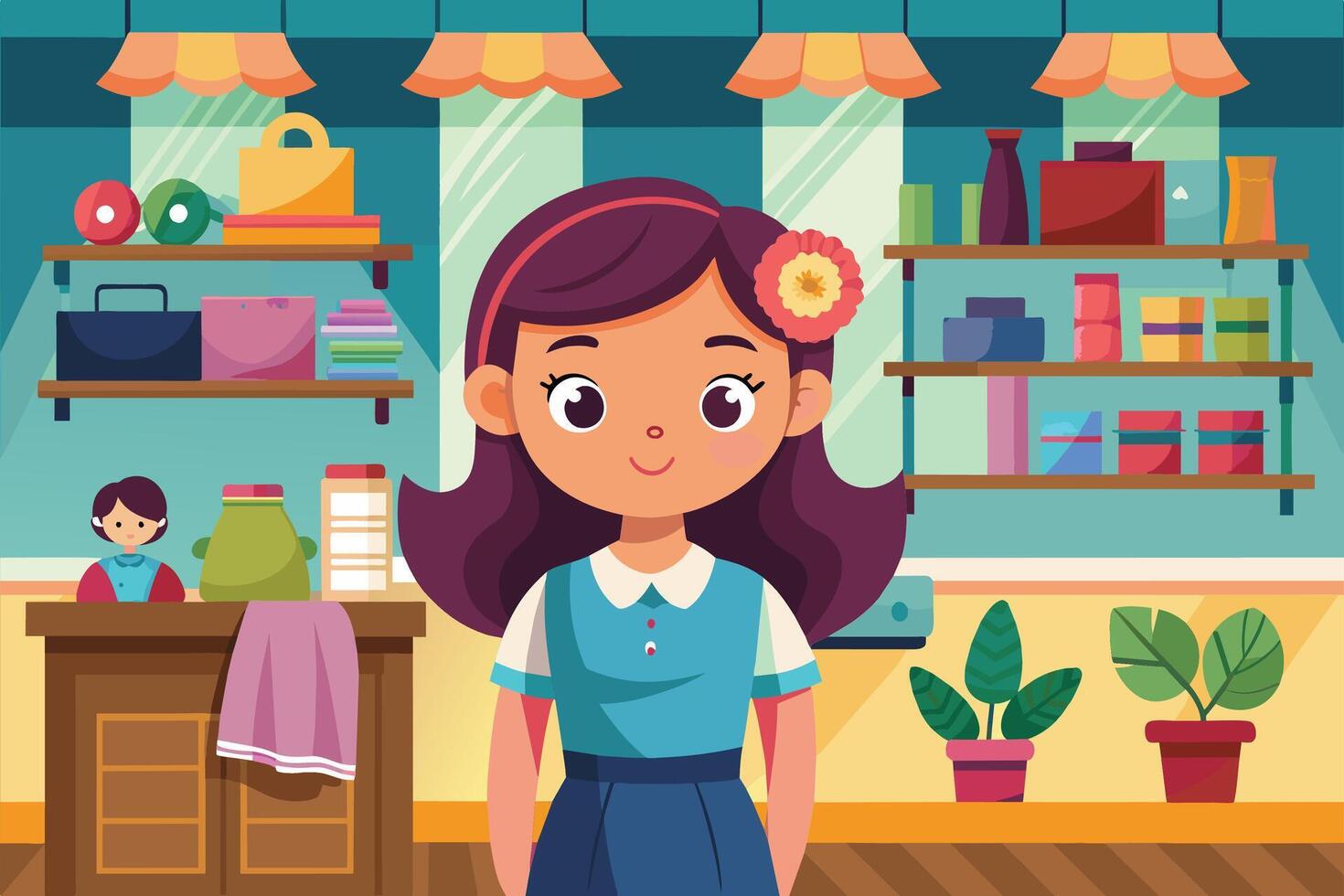 A cartoon illustration of a young girl with a flower in her hair standing in front of a small shop with shelves full of various items. vector