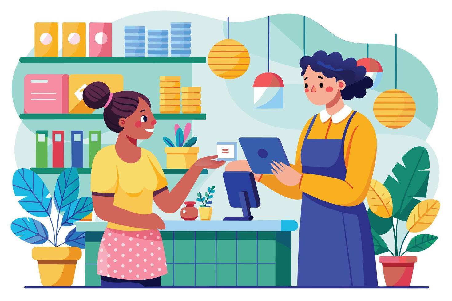 A customer smiles as they pay for a purchase at a store counter. The cashier is holding a tablet while processing the payment. vector