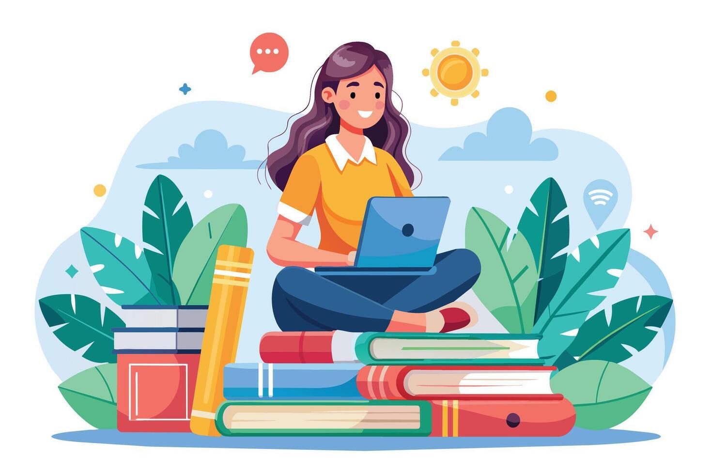 A young woman smiles as she works on a laptop while sitting on a stack of books in a sunny outdoor setting. vector