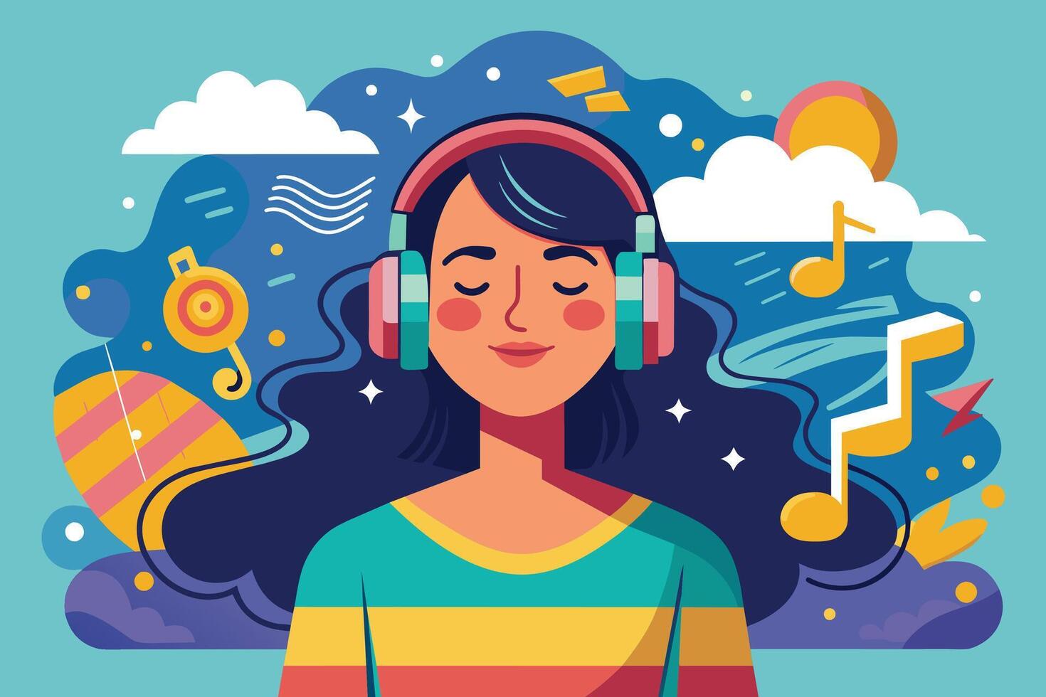 A cartoon illustration of a woman wearing headphones with her eyes closed, enjoying music. The background features colorful abstract shapes and musical notes. vector