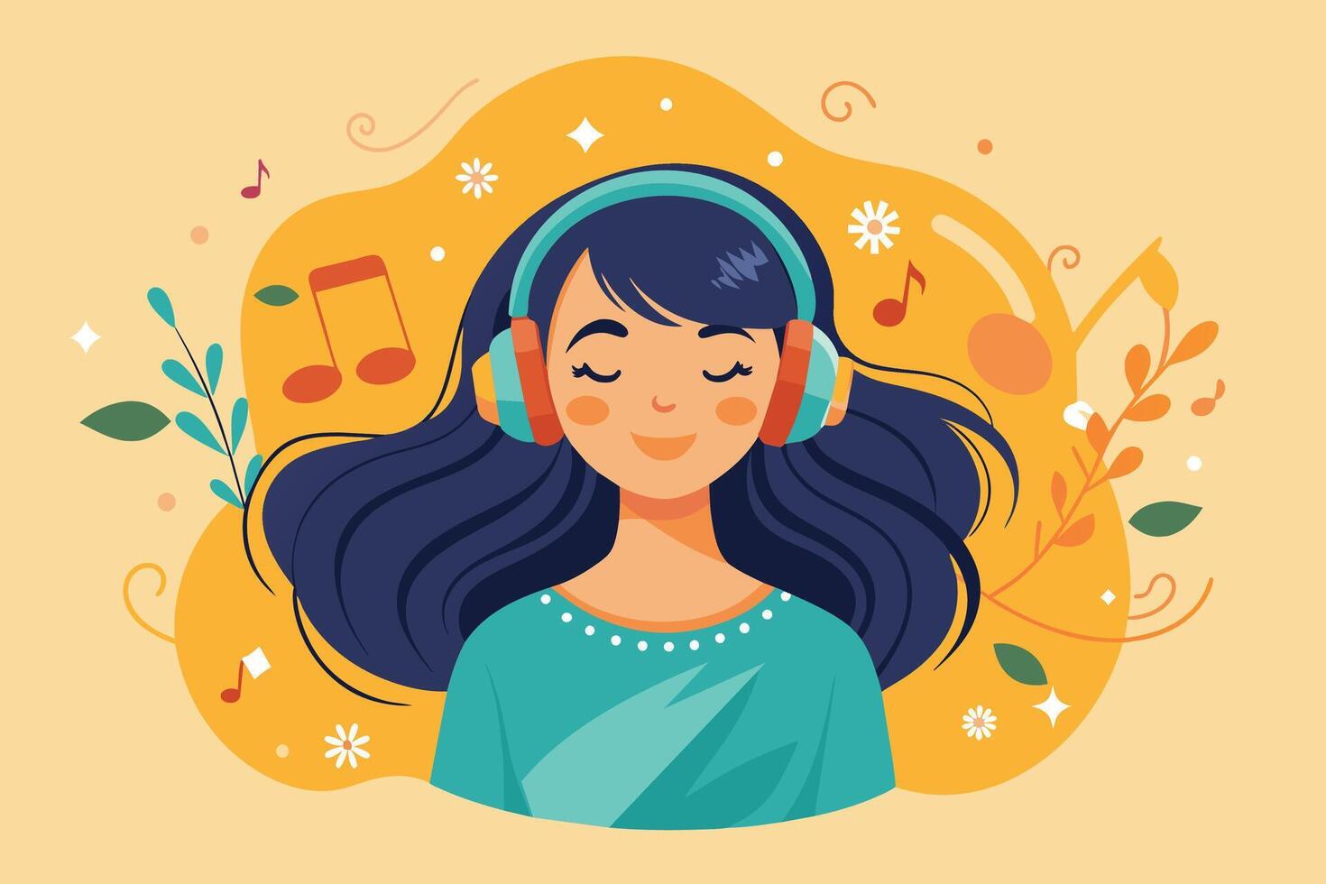 A cartoon woman with long black hair, headphones, and eyes closed, smiling and listening to music among musical notes and flowers on a yellow background. vector