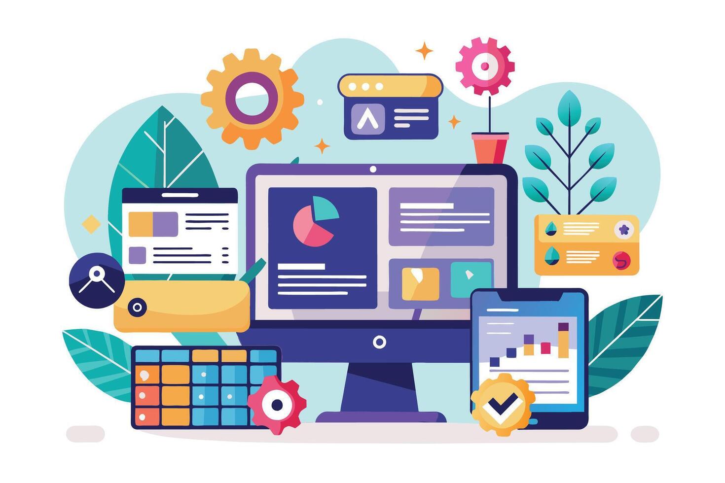A colorful illustration depicting a desktop computer and a mobile phone, both displaying various charts, graphs, and data analysis related to business. vector