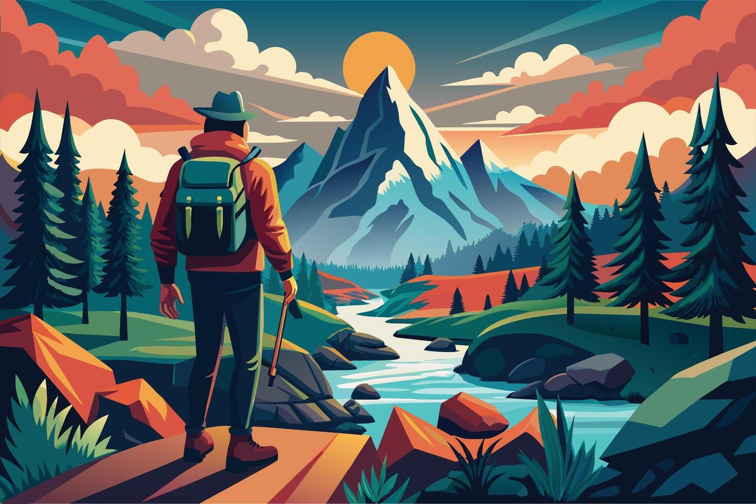A man with a backpack stands on a cliff overlooking a winding river and a snow-capped mountain peak, with a setting sun illuminating the sky. vector
