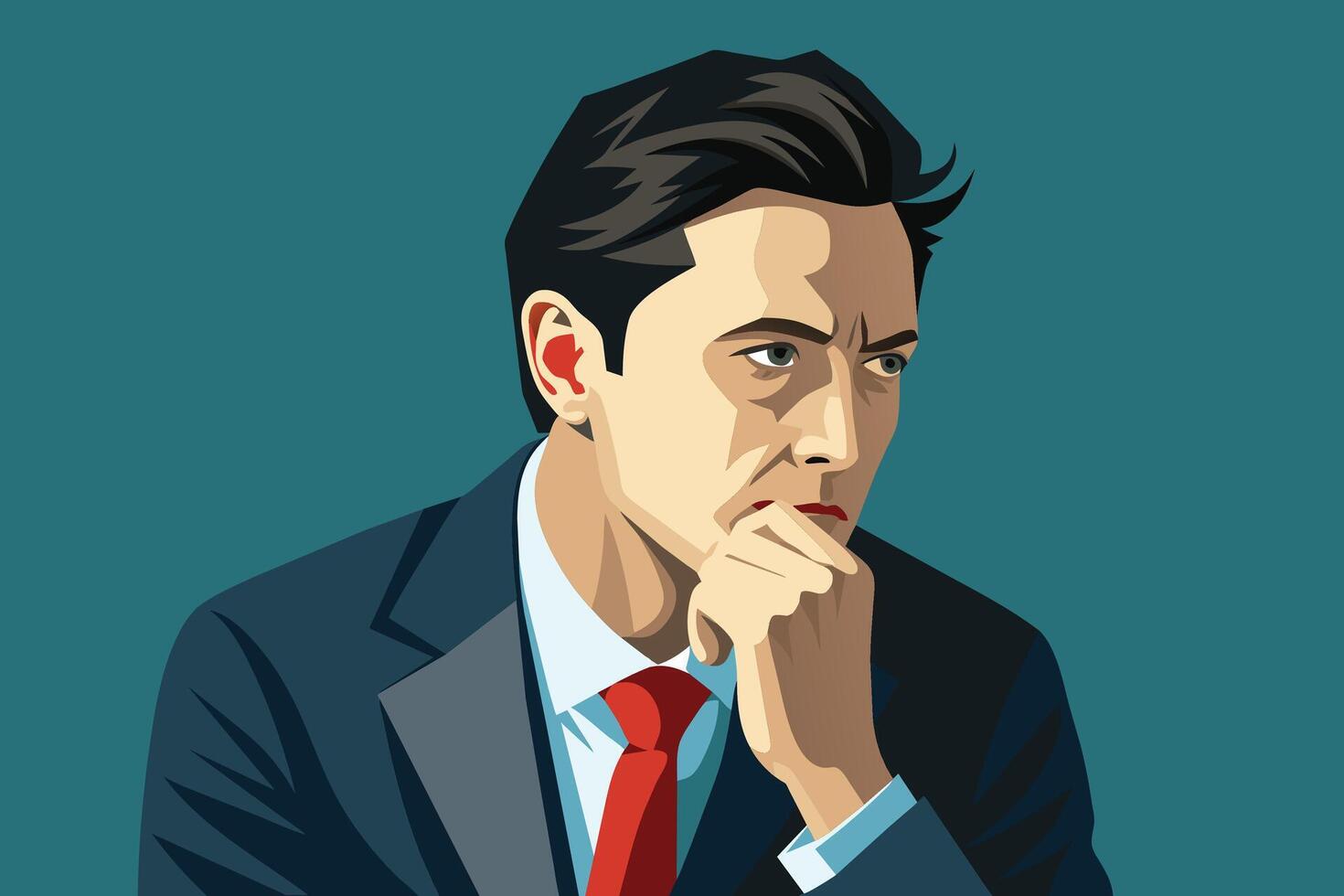 Digital illustration of a man in a suit with a red tie, looking thoughtful with hand on chin. Background is teal. vector