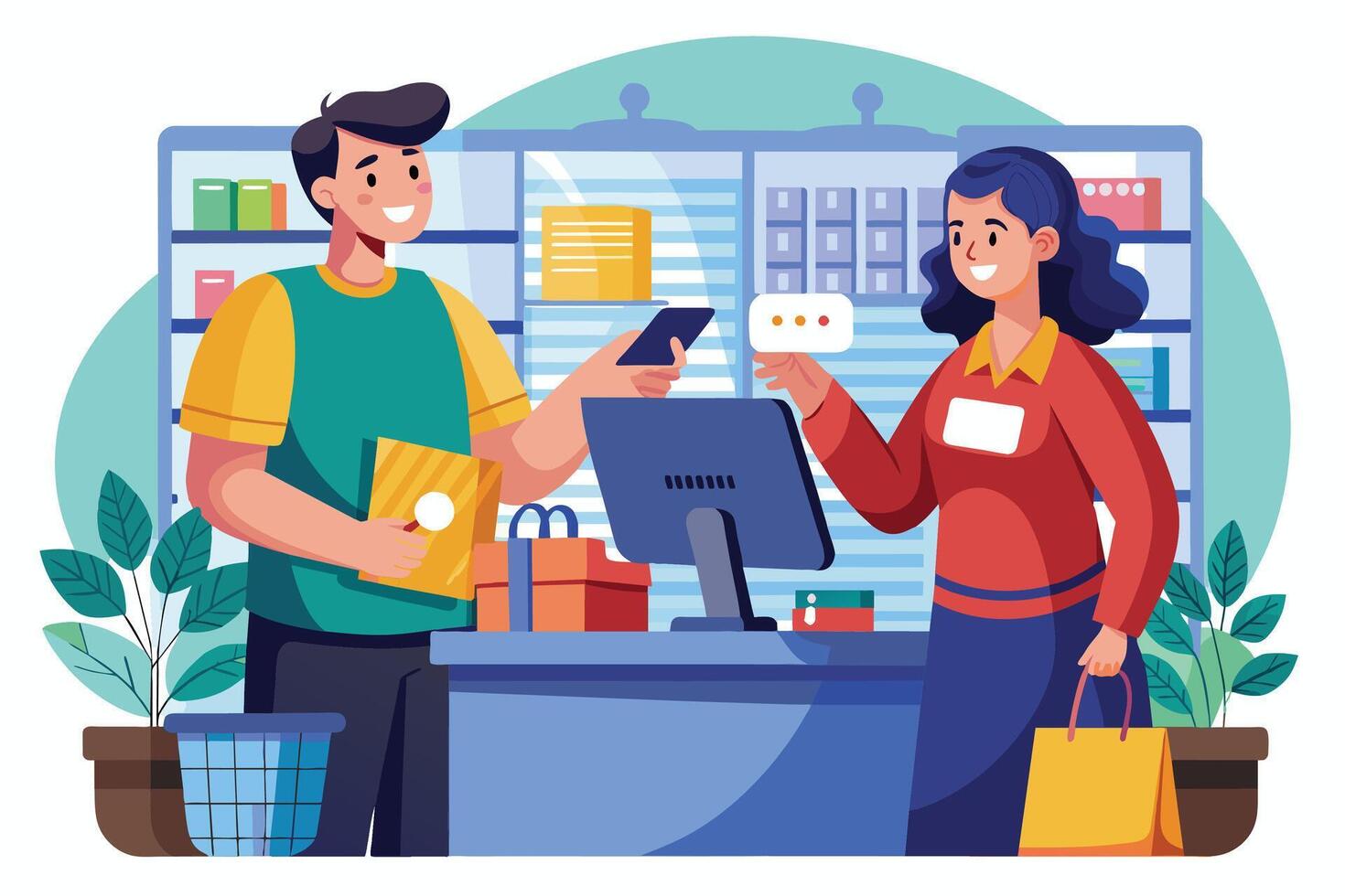 A customer pays for items at a store counter with their phone while the cashier holds a small, empty dialogue bubble. vector