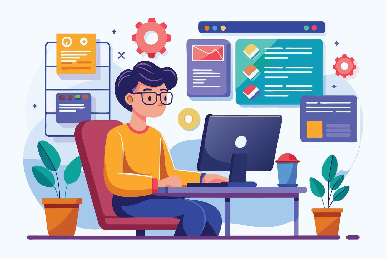 An illustration of a young man sitting at a desk in front of a computer, surrounded by colorful digital elements, representing his work. vector