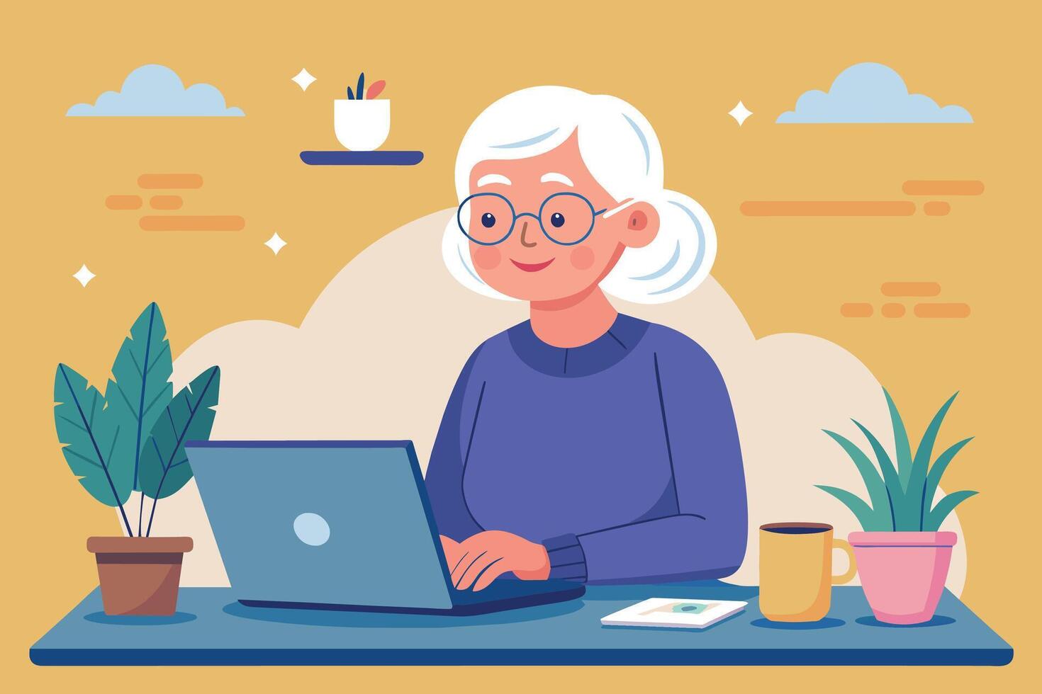 Illustration of a senior woman with grey hair wearing glasses and a purple sweater sitting at a desk working on a laptop computer. vector