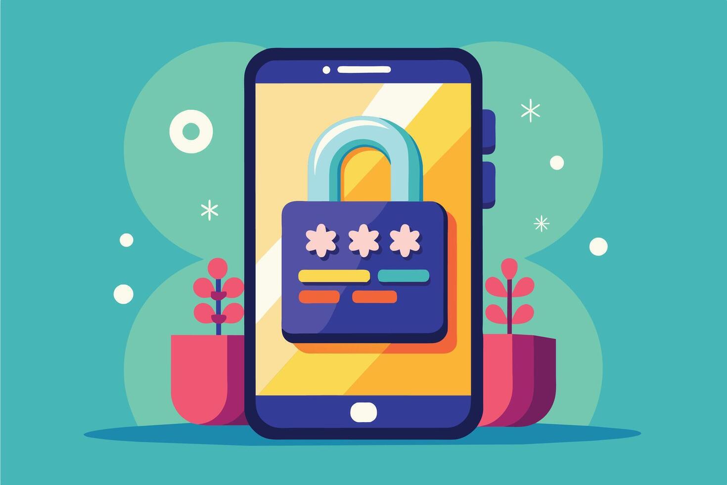 An illustration of a smartphone with a lock and four stars on the screen, symbolizing security and privacy. vector