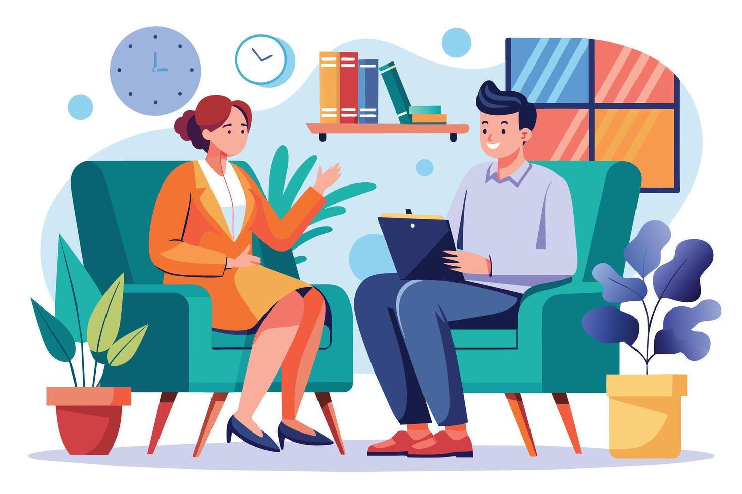 A woman in an orange suit sits in a green armchair, talking to a man in a blue shirt holding a clipboard. vector