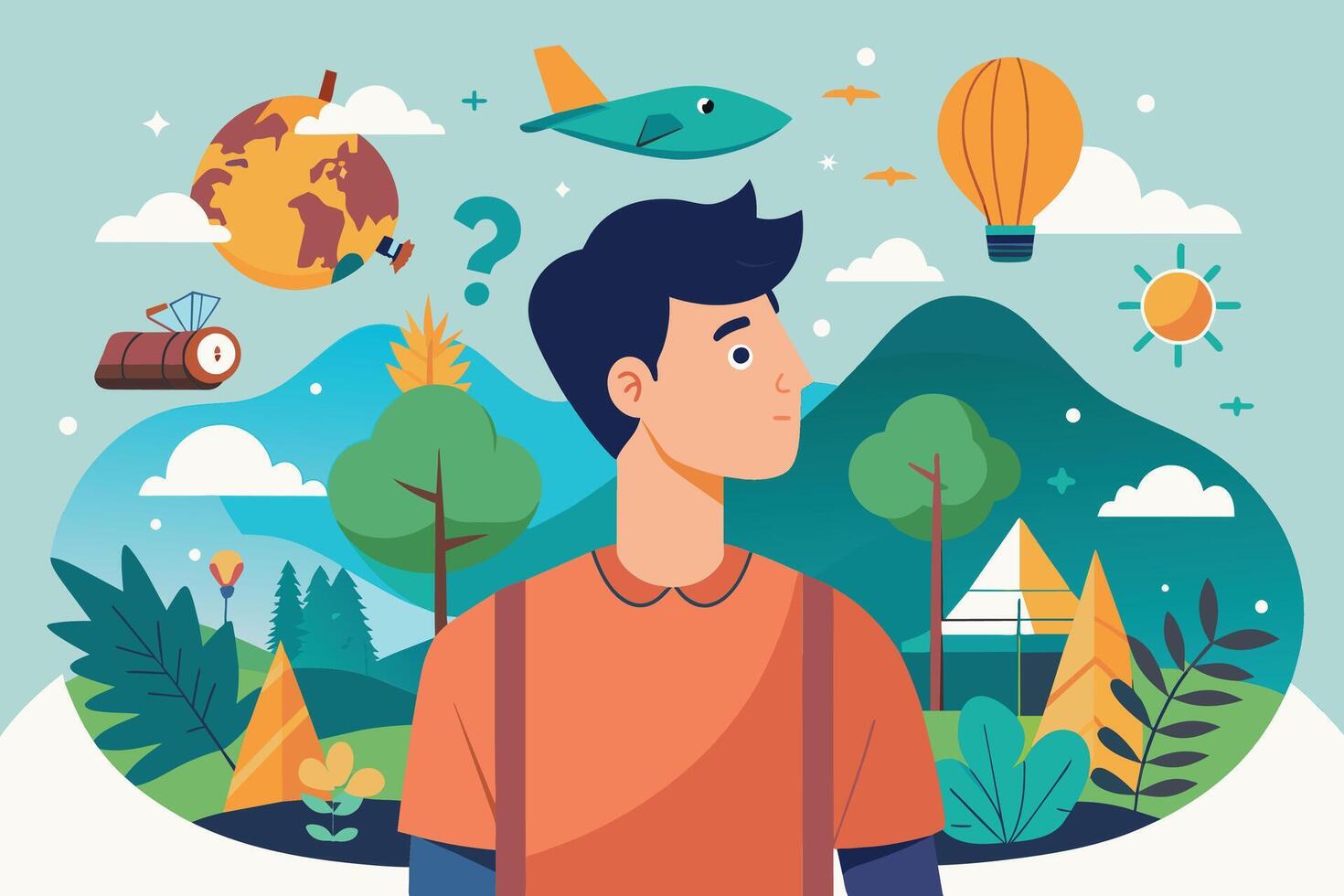 A man stands in front of a whimsical landscape, contemplating travel options with a globe, airplane, hot air balloon, and a camping scene. He is unsure of where to go next. vector