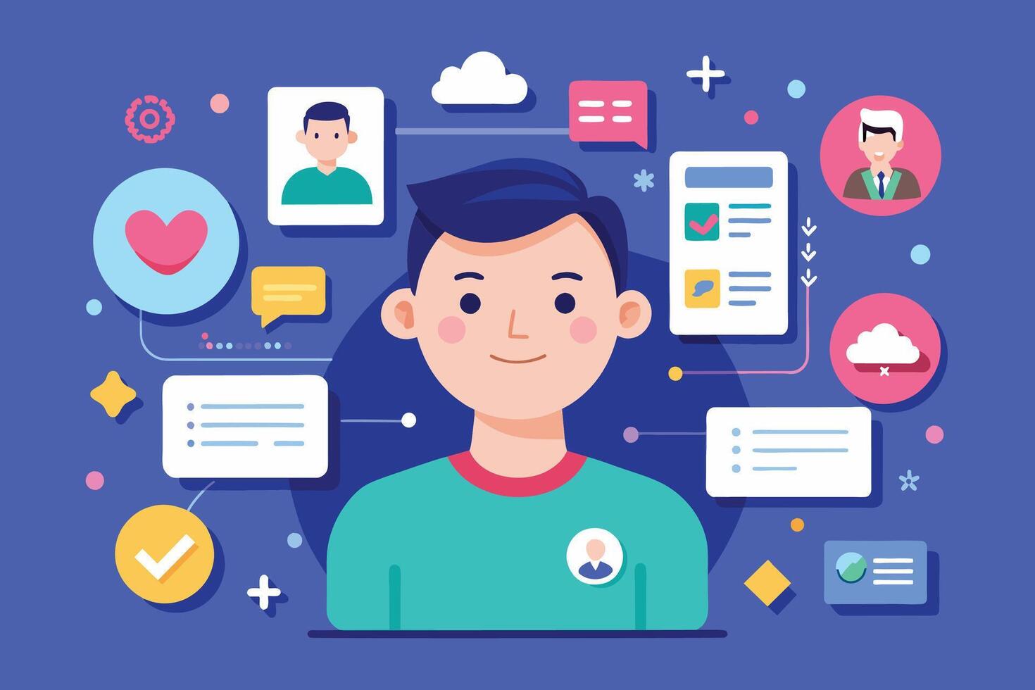 A digital illustration of a smiling man surrounded by icons representing various aspects of communication, networking, and collaboration. vector