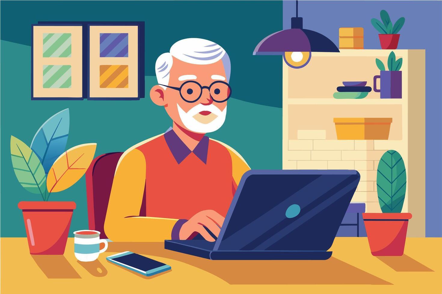 An illustration of a senior man working on his laptop at a desk in his home office. He is wearing glasses and a red shirt. There are plants and a cup of coffee on the desk. vector