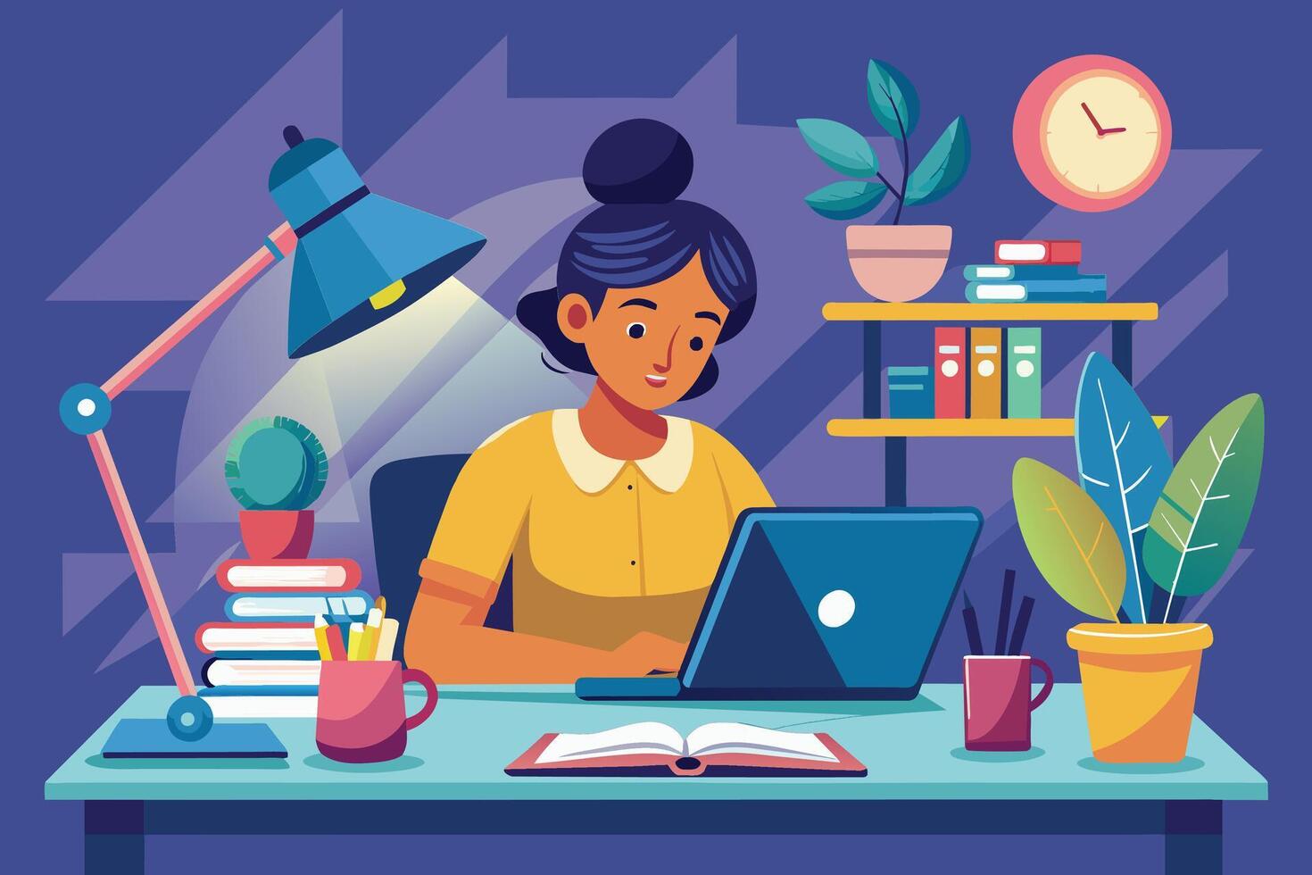 A woman sits at a desk working on her laptop with a desk lamp illuminating her work. Books and plants are visible, creating a cozy and inviting atmosphere. vector