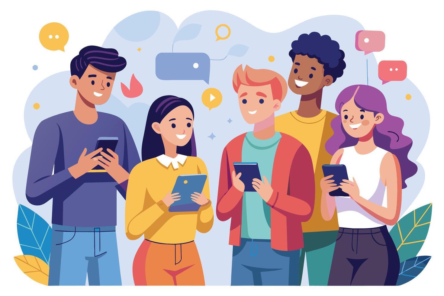 A diverse group of five friends happily using smartphones and tablets together, showing they are connected and enjoying each others company. vector