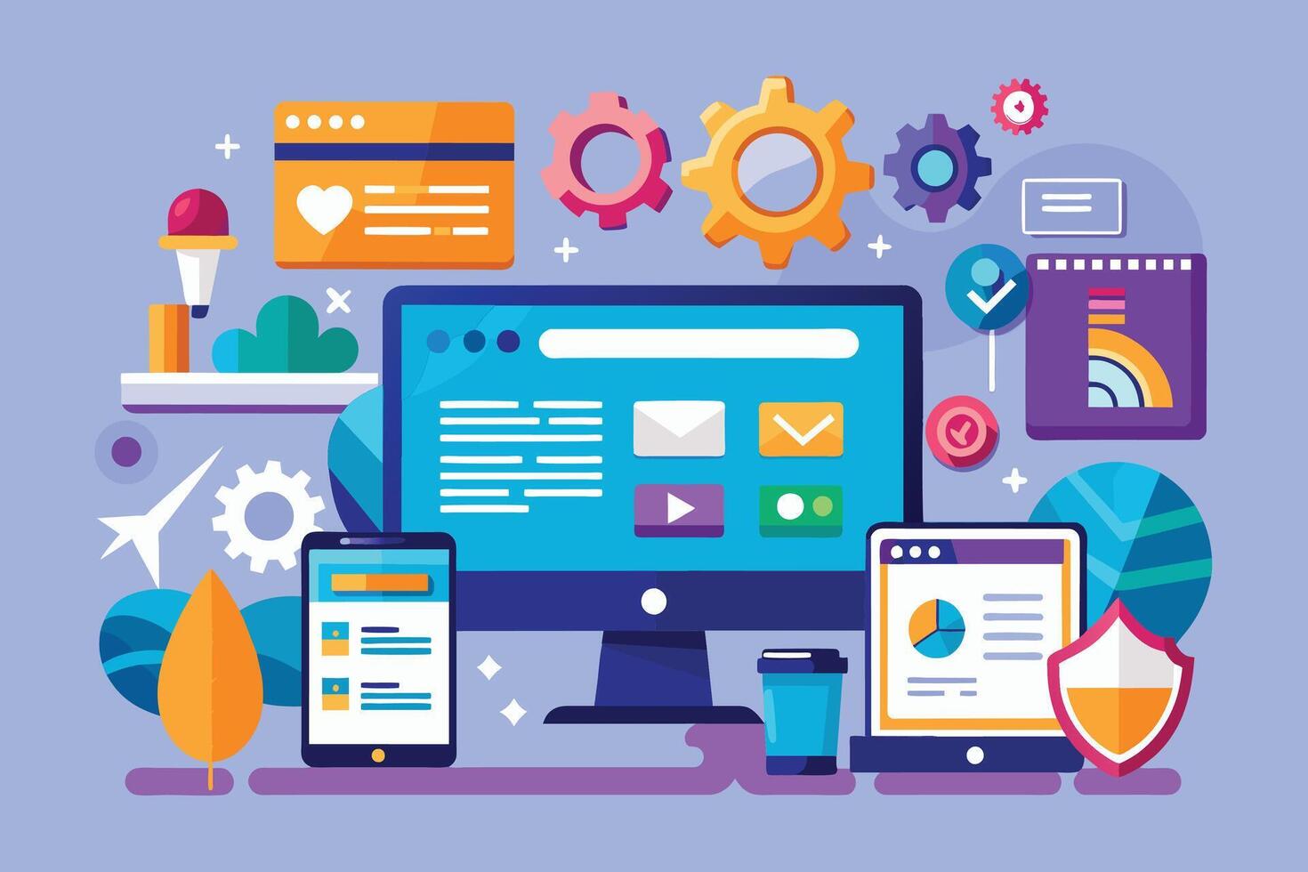 An illustration depicting a modern digital workspace with a desktop computer, a tablet, a smartphone, and various icons representing online activities and functions. vector