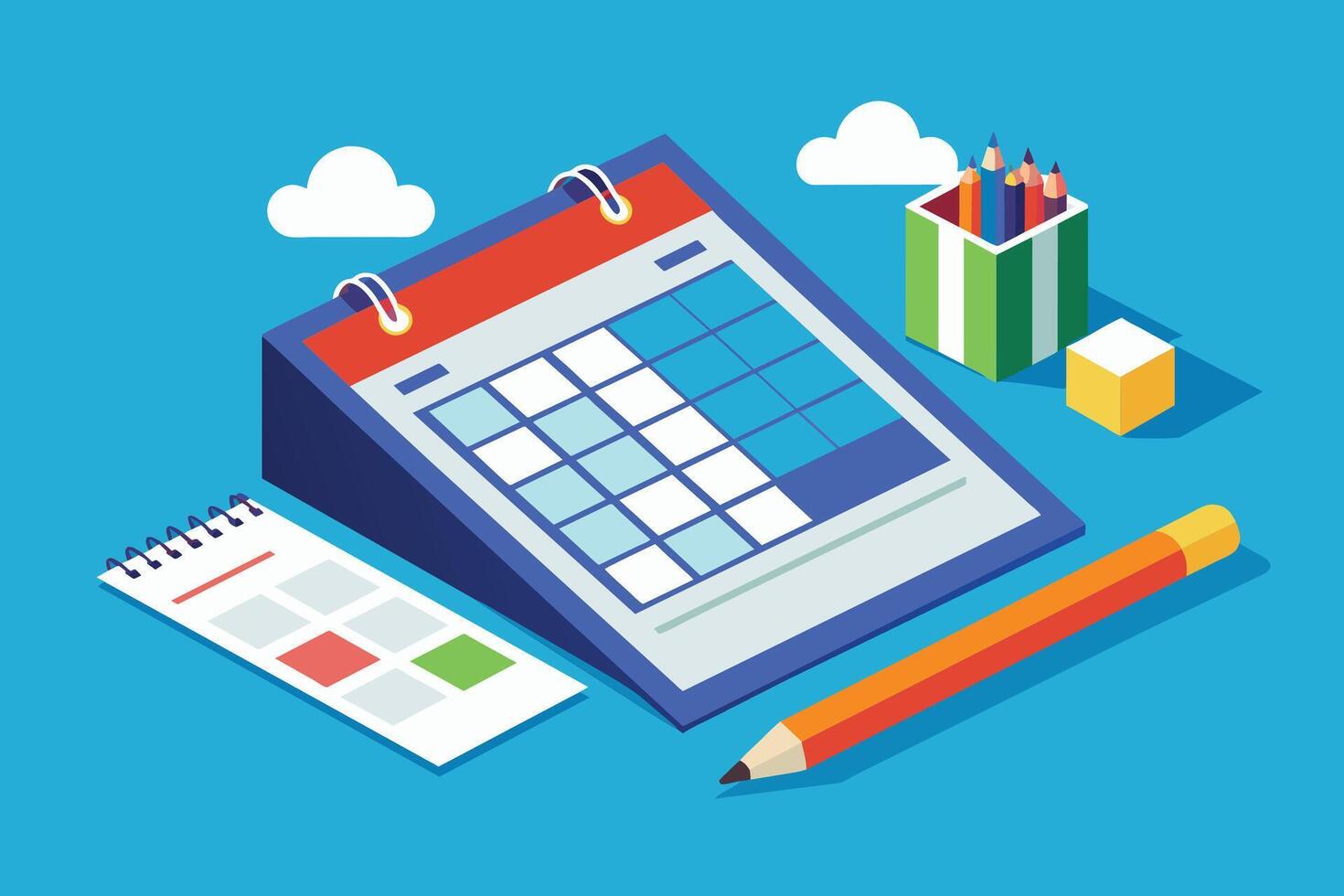 An illustration of a desk calendar with a pencil and colored pencils. vector