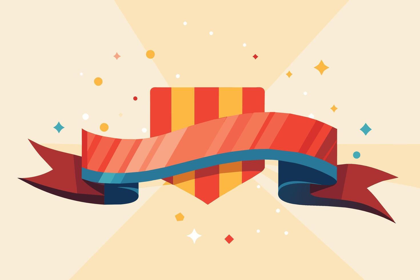 A digital illustration featuring a red and yellow striped shield with a red and blue ribbon banner wrapped around it. The background is a light beige with subtle rays and scattered stars. vector